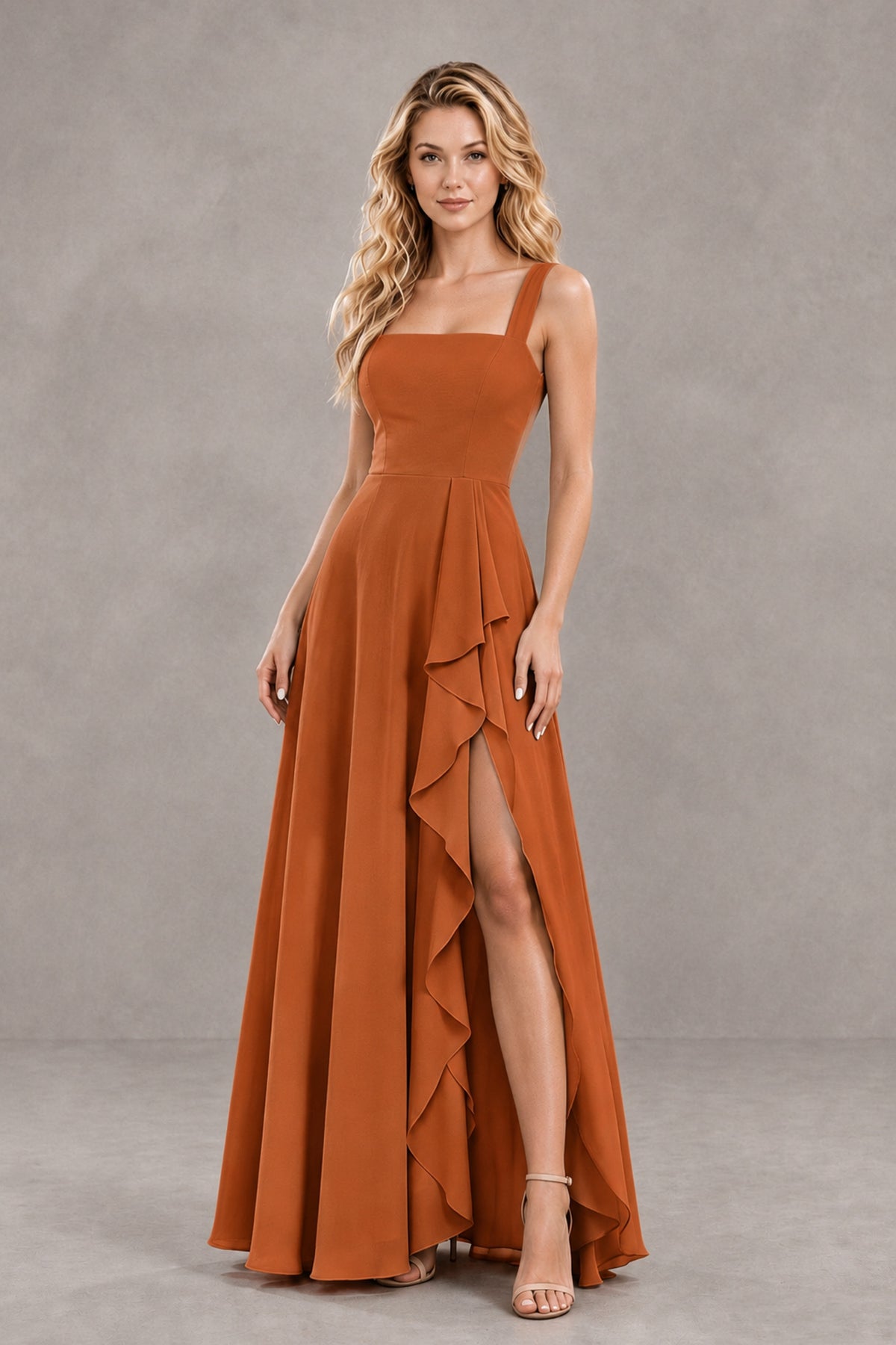 BOLODOO Burnt Orange Square Neck Ruffle A-Line Bridesmaid Dress with Slit - Burnt Orange - Burnt Orange_4