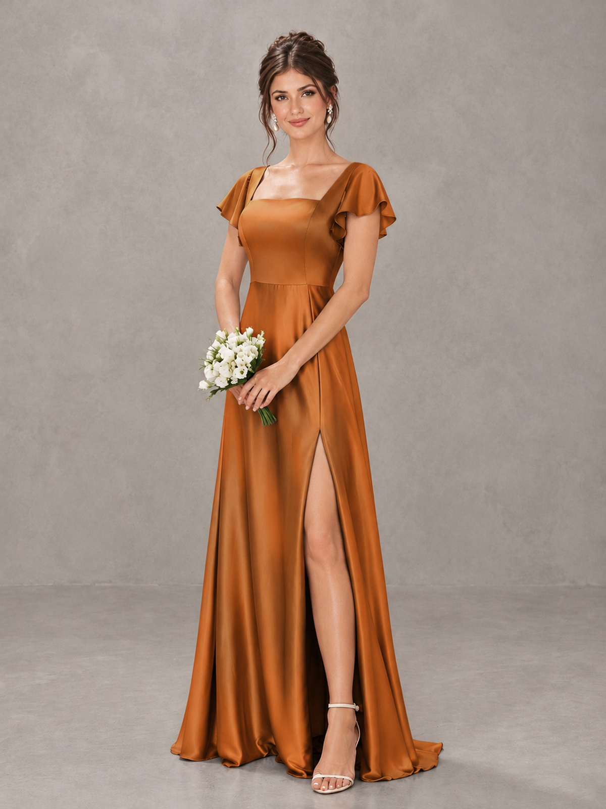 BOLODOO Burnt Orange Satin Square Neck Flutter Sleeve A-Line Bridesmaid Dress with Slit - Burnt Orange - Burnt Orange_4