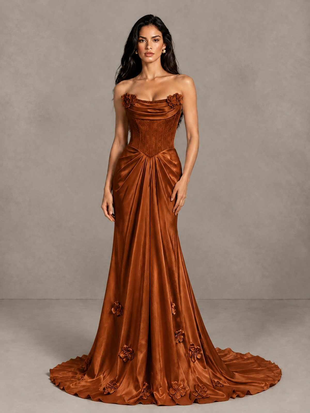 BOLODOO Burnt Orange Strapless Floral Corset Evening Gown with Train - Burnt Orange - Burnt Orange_4