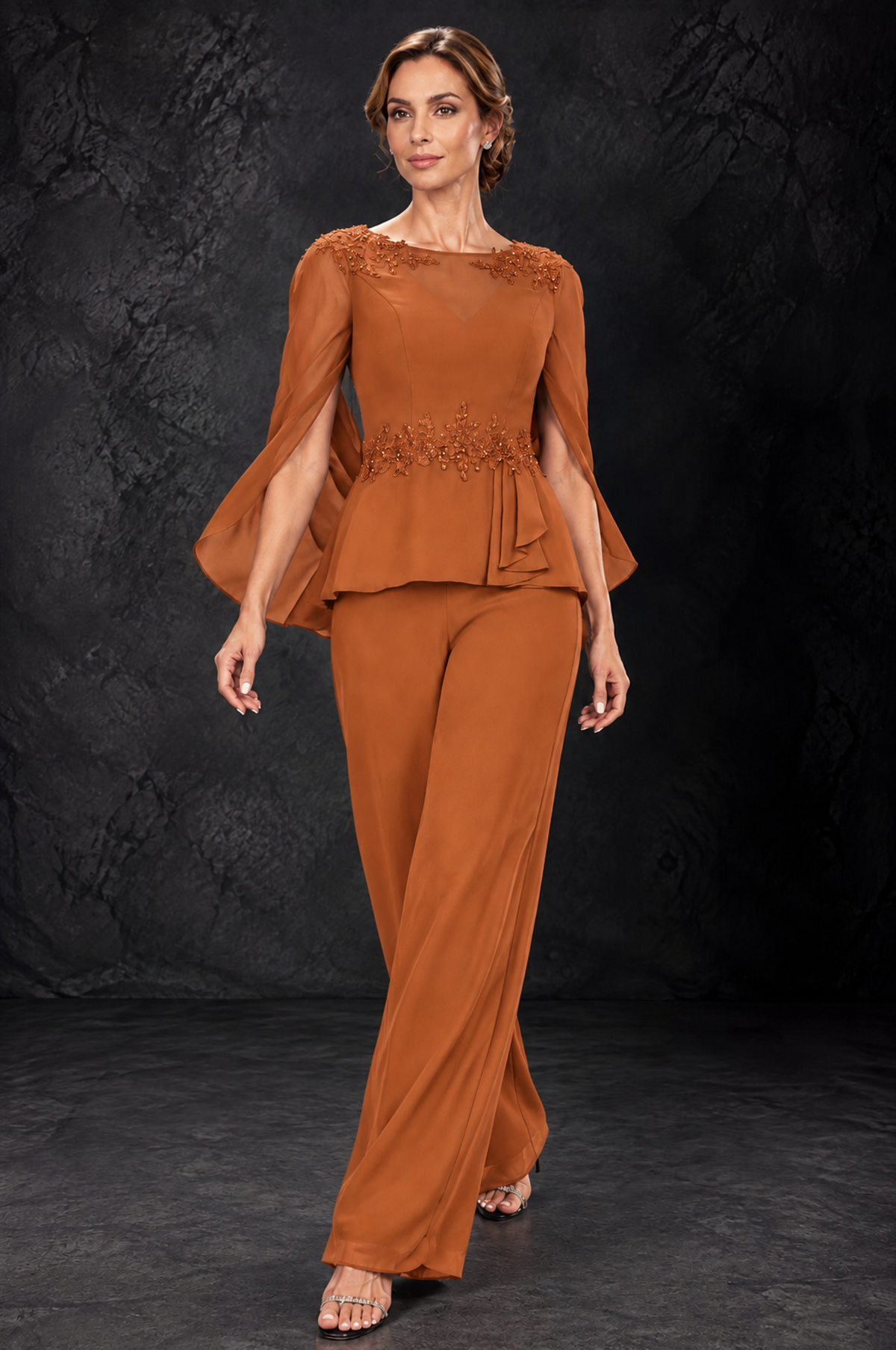BOLODOO Burnt Orange Embellished Cape Sleeve Mother of the Bride Pantsuit - Burnt Orange - Burnt_Orange_4