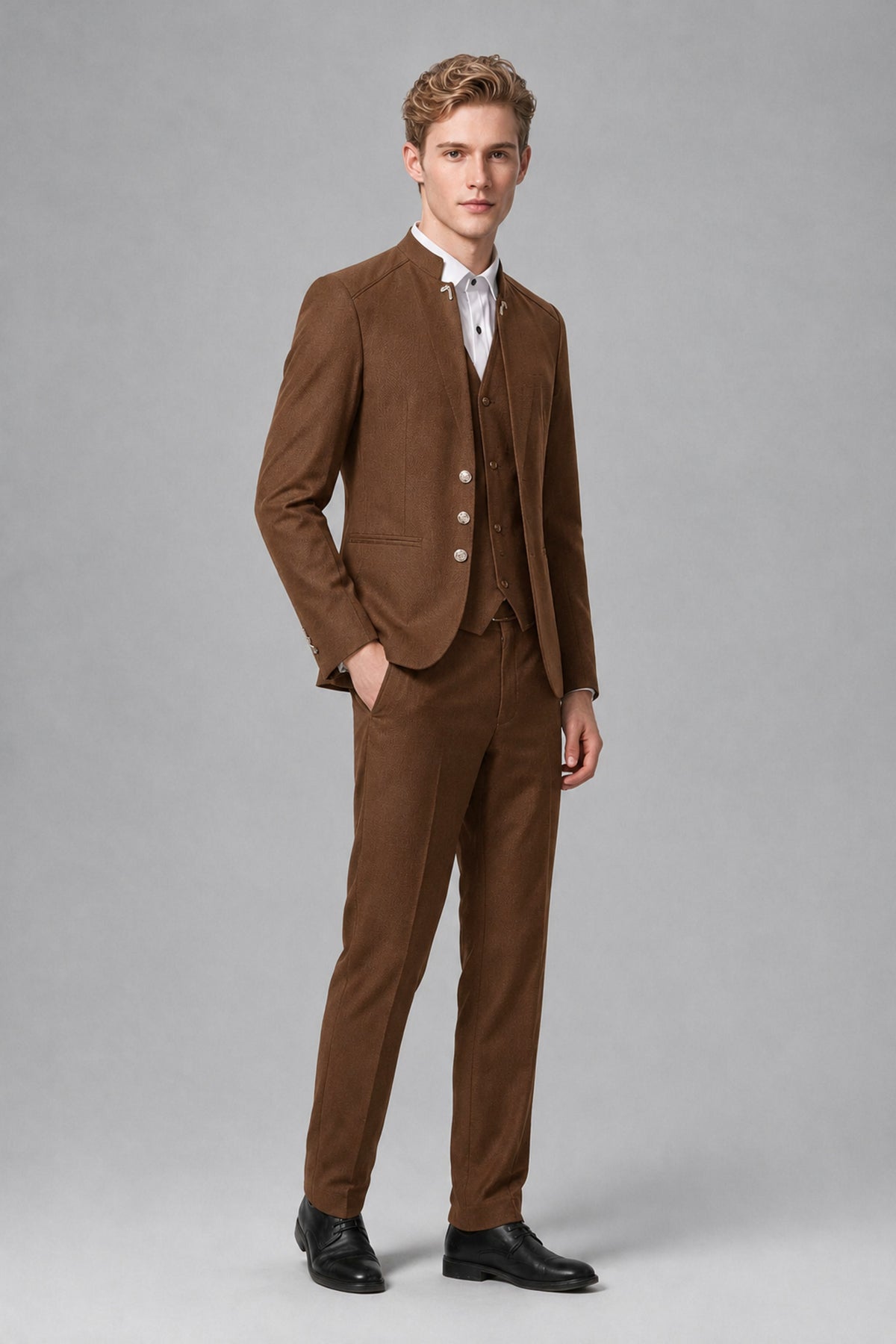 Bolodoo Men's Burnt Orange Mandarin Collar 3-Piece Suit – Jacket, Vest & Trousers - Burnt Orange - Burnt Orange_4