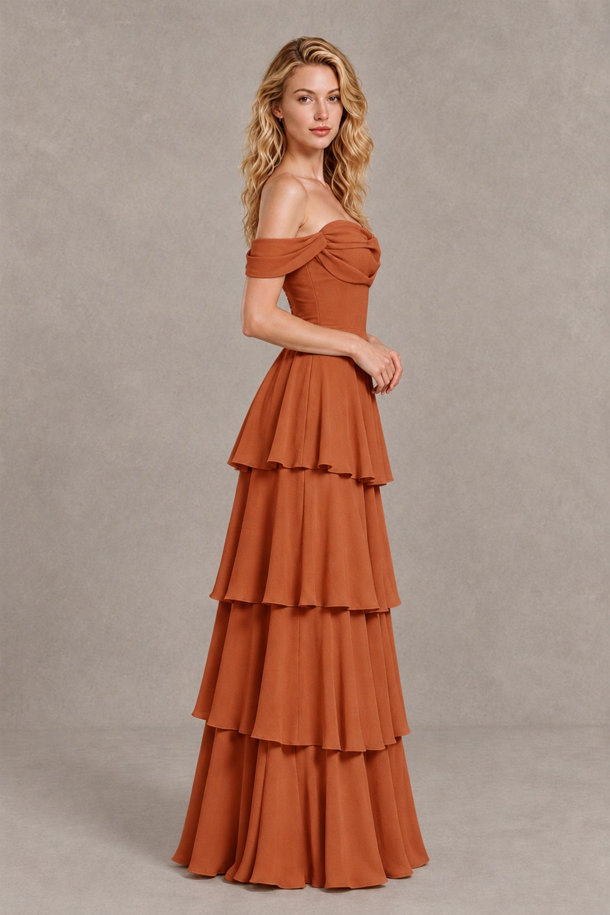 BOLODOO Burnt Orange Off-the-Shoulder Tiered A-Line Evening Bridesmaid Dress - Burnt Orange - Burnt Orange_4