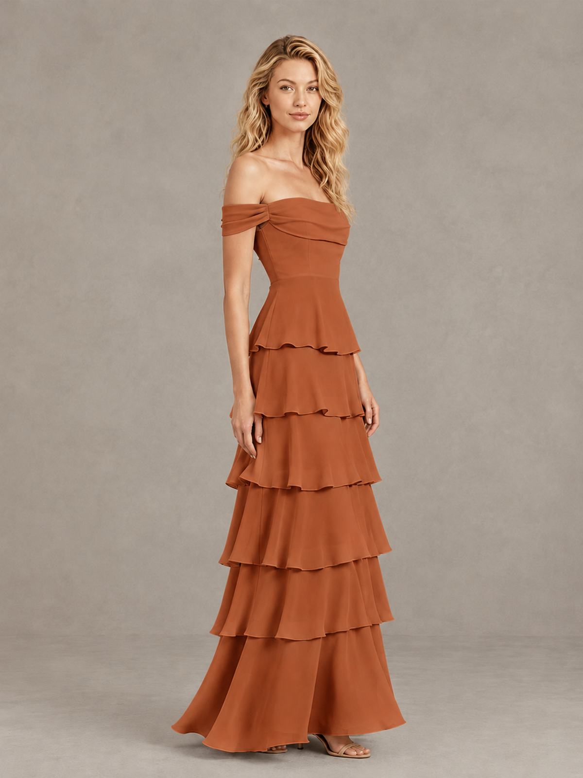 BOLODOO Burnt Orange Off-Shoulder Tiered Ruffle Bridesmaid Dress with Lace-Up Back - Burnt Orange - Burnt Orange_4
