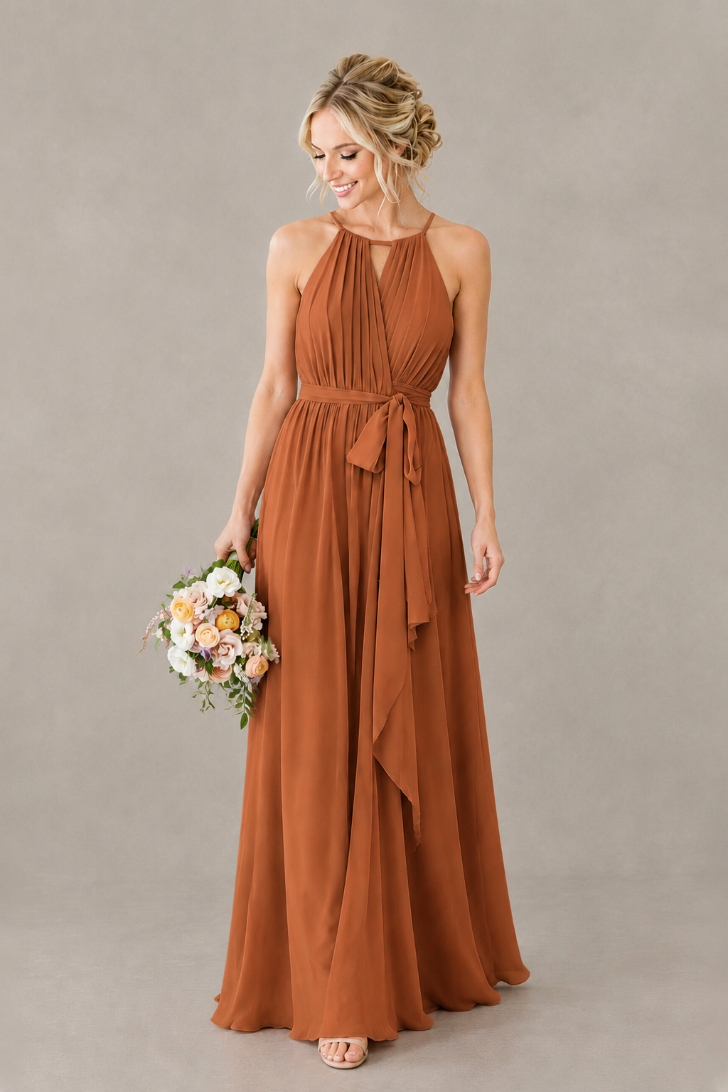 BOLODOO Burnt Orange Halter Chiffon Bridesmaid Dress with High Slit - Burnt Orange