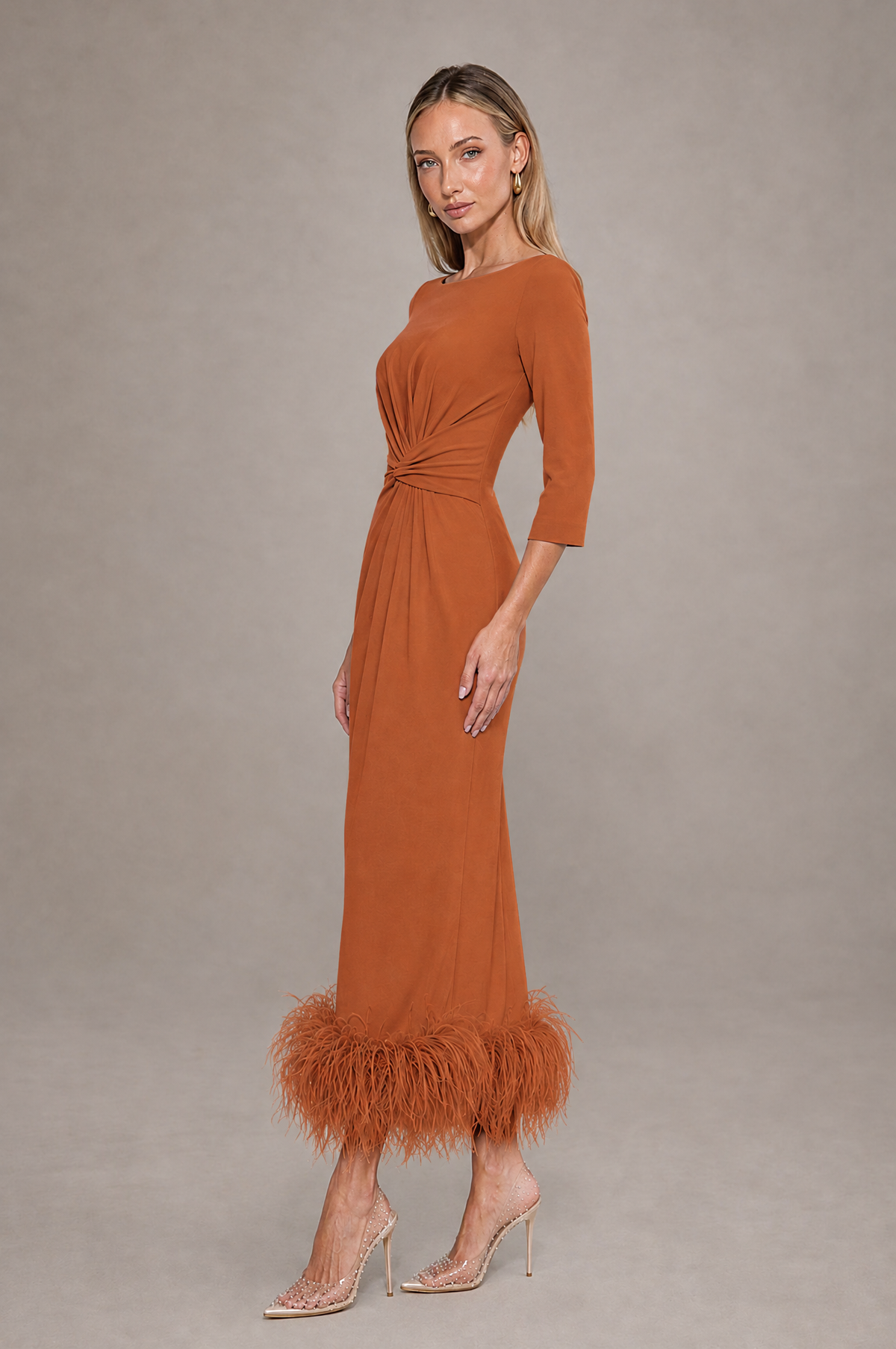 BOLODOO Burnt Orange Feather-Trim Twist-Waist Midi Dress - Burnt Orange - Burnt_Orange_4