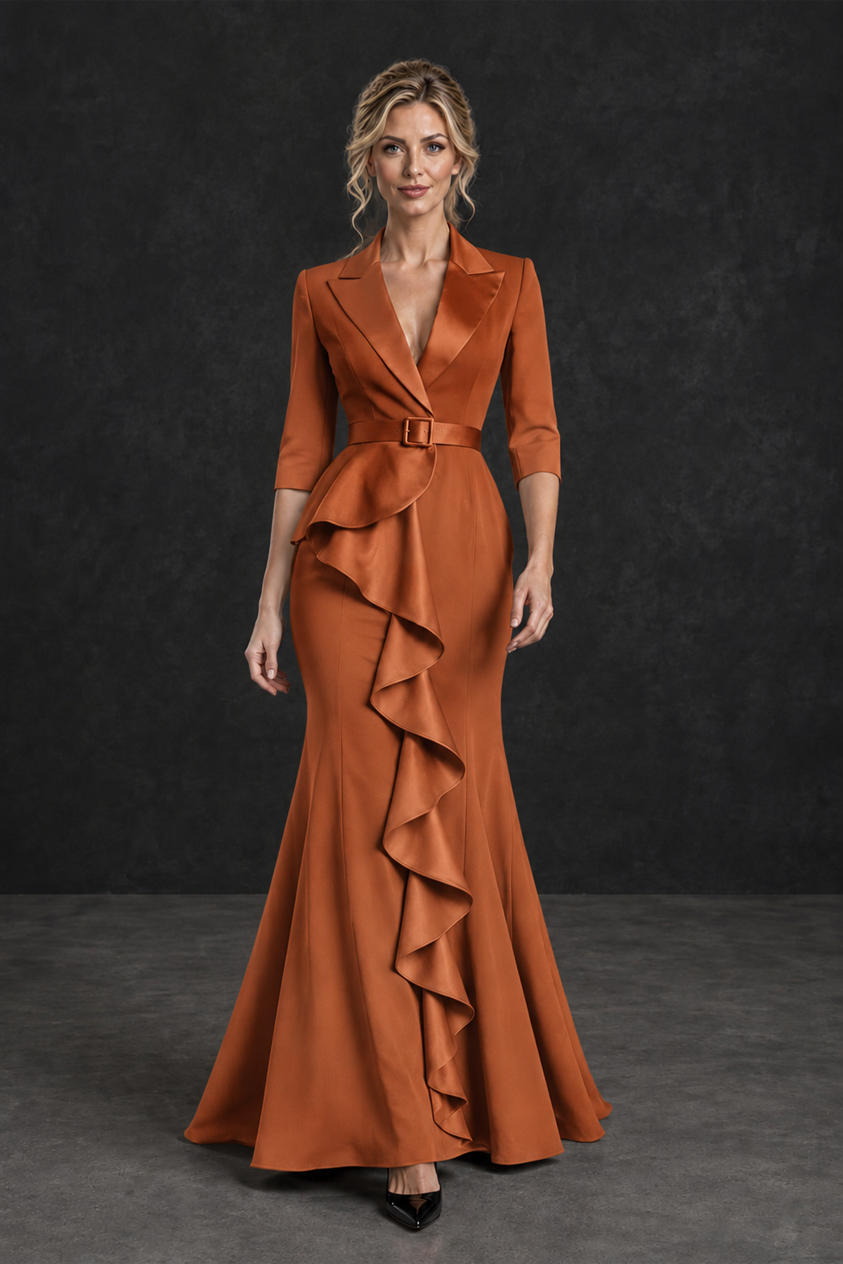 BOLODOO Burnt Orange Lapel Ruffle Mother of the Bride Dress with Belt - Burnt Orange - Burnt Orange_4