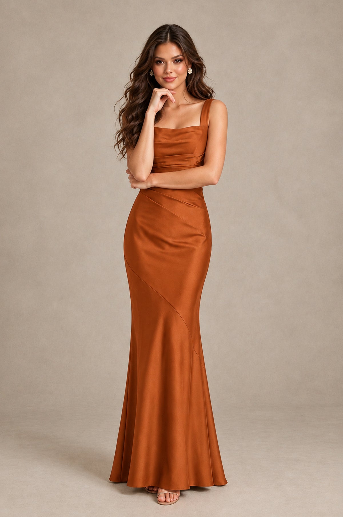 BOLODOO Burnt Orange Square Neck Ruched Satin Lace-Up Bridesmaid Dress - Burnt Orange - Burnt Orange_4