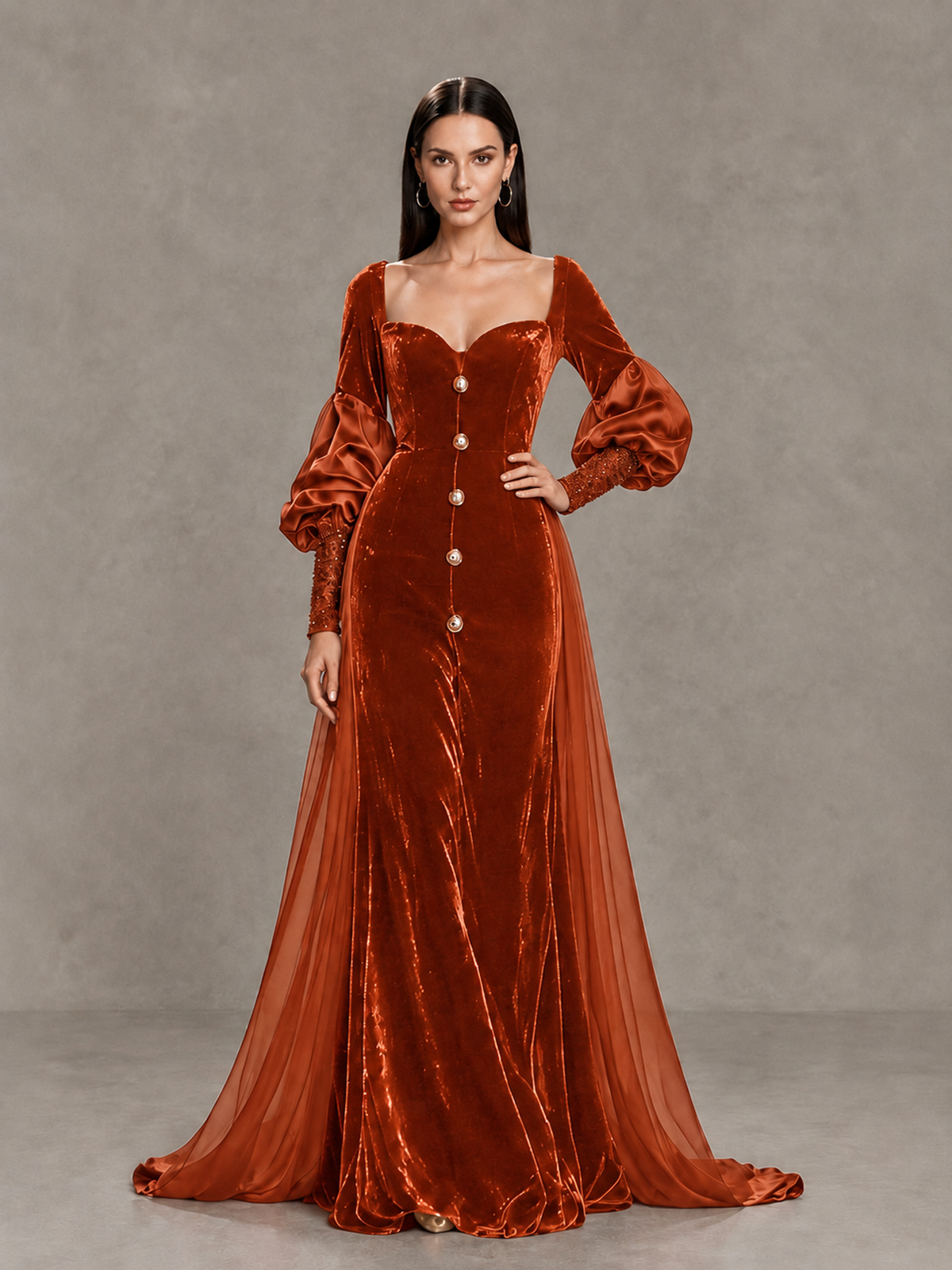 BOLODOO Burnt Orange Velvet Long Sleeve Open-Back Evening Gown - Burnt Orange - Burnt Orange_4