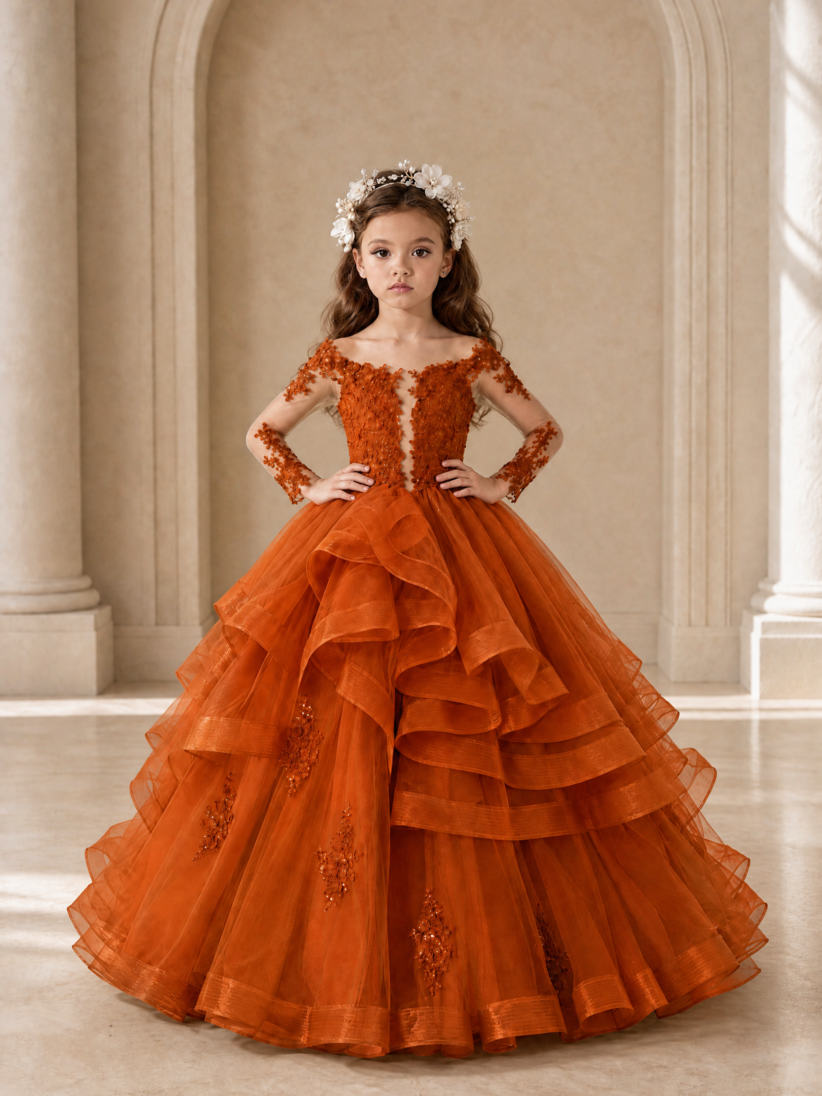 BOLODOO Burnt Orange Lace Long Sleeve Tiered Flower Girl Dress - Burnt Orange - Burnt_Orange_4