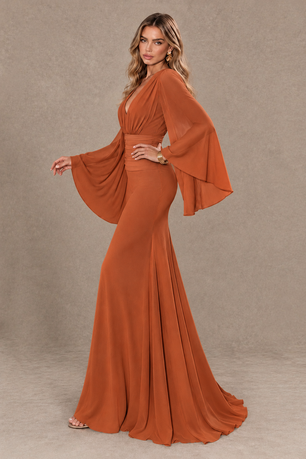 BOLODOO Burnt Orange Cape Sleeve V-Neck Ruched Chiffon Evening Dress - Burnt Orange - Burnt_Orange_4