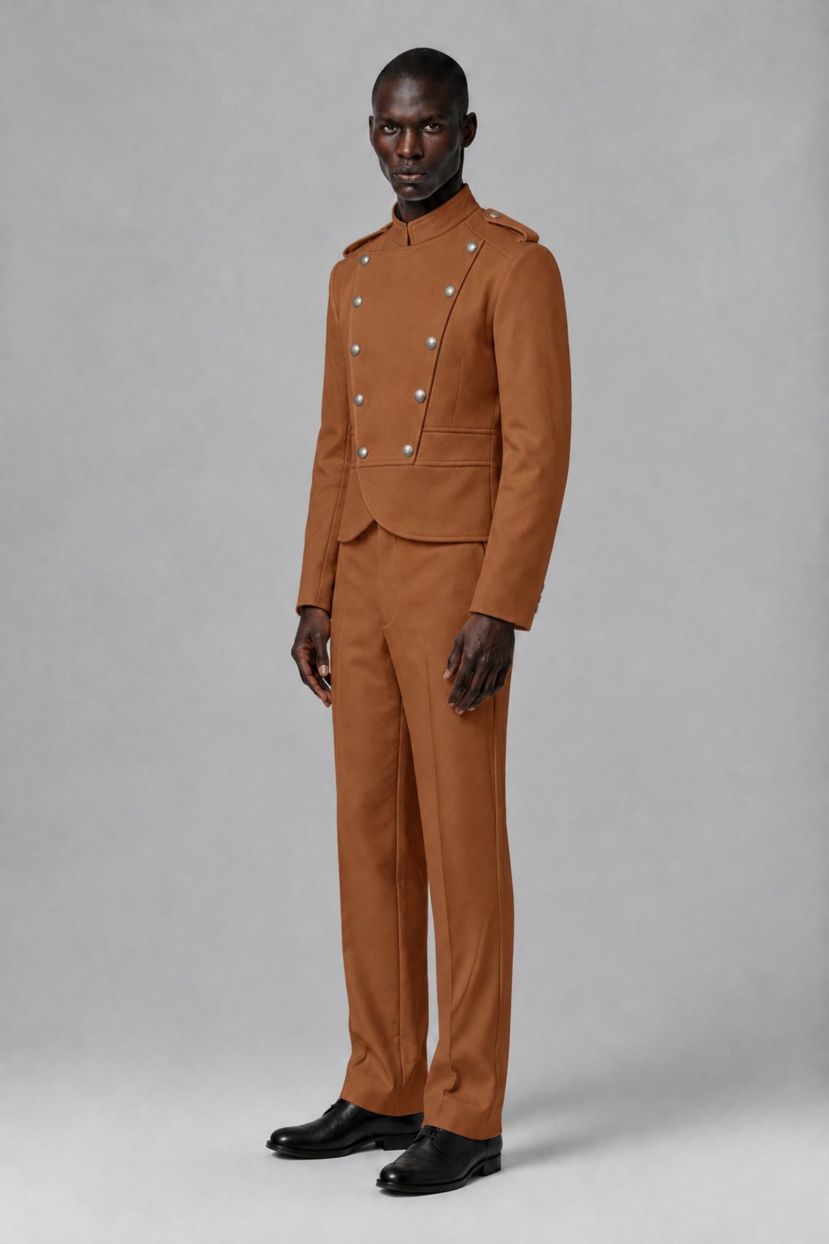 Bolodoo Men's Burnt Orange Military-Inspired Two-Piece Suit with Stand Collar - Burnt Orange - Burnt Orange_4