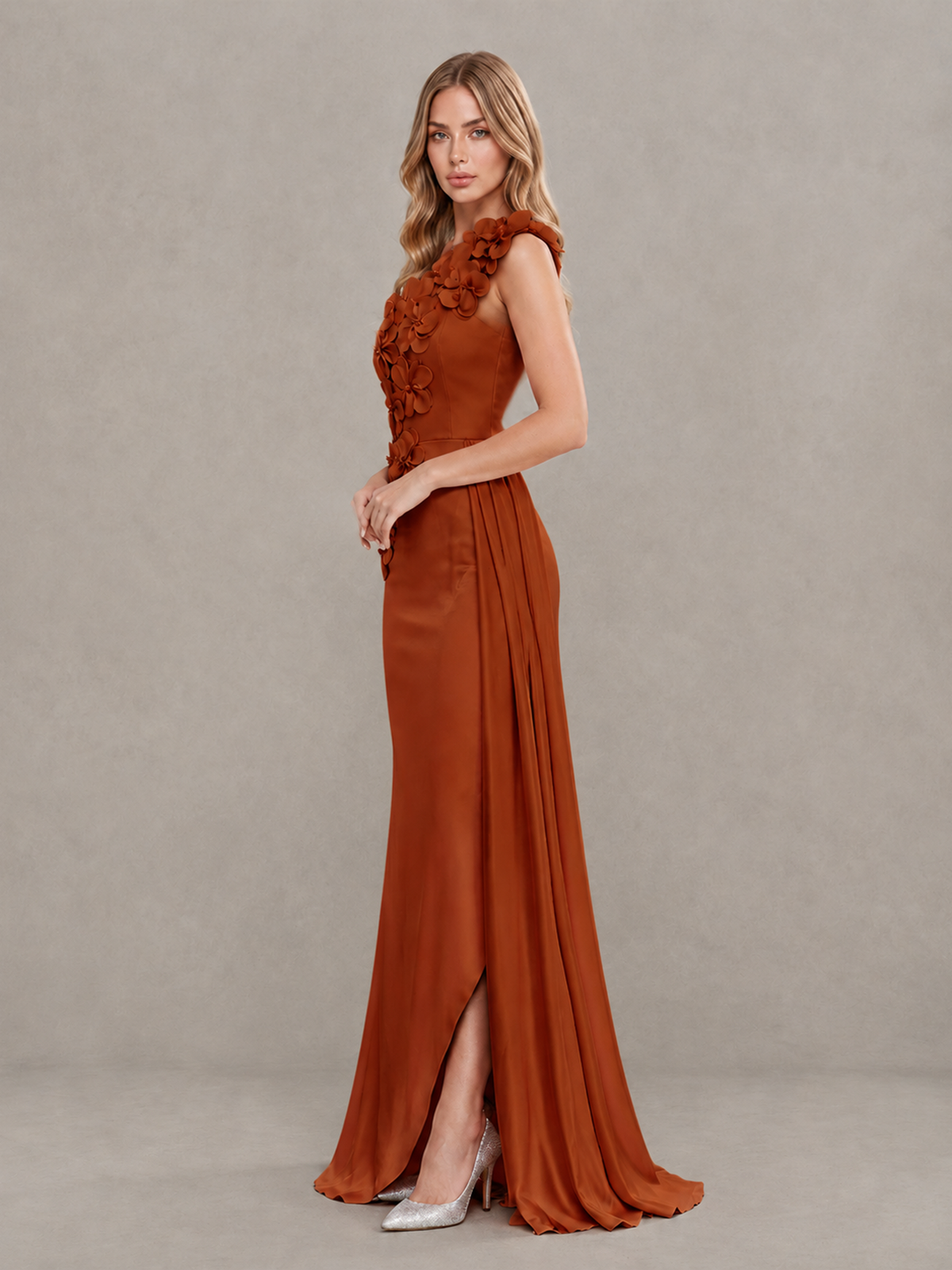 BOLODOO Burnt Orange One-Shoulder Satin Mermaid Evening Gown with 3D Floral Appliqué - Burnt Orange - Burnt Orange_4