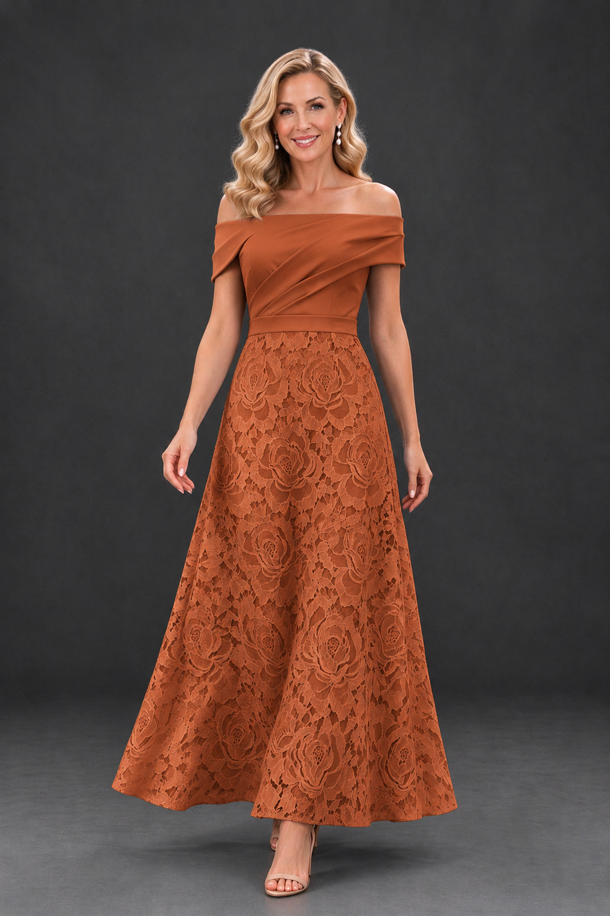 BOLODOO Burnt Orange Off-the-Shoulder Floral A-Line Mother of the Bride Dress - Burnt Orange - Burnt Orange_4