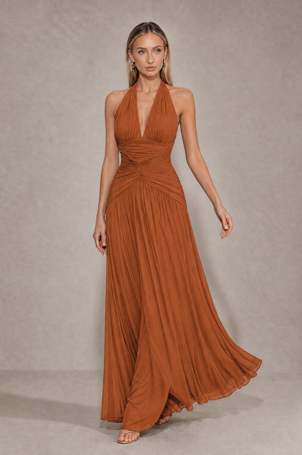 BOLODOO Burnt Orange Chiffon Halter Deep V-Neck Ruched A-Line Backless Maxi Dress with Train-BD0167 - Burnt Orange - Burnt Orange_4