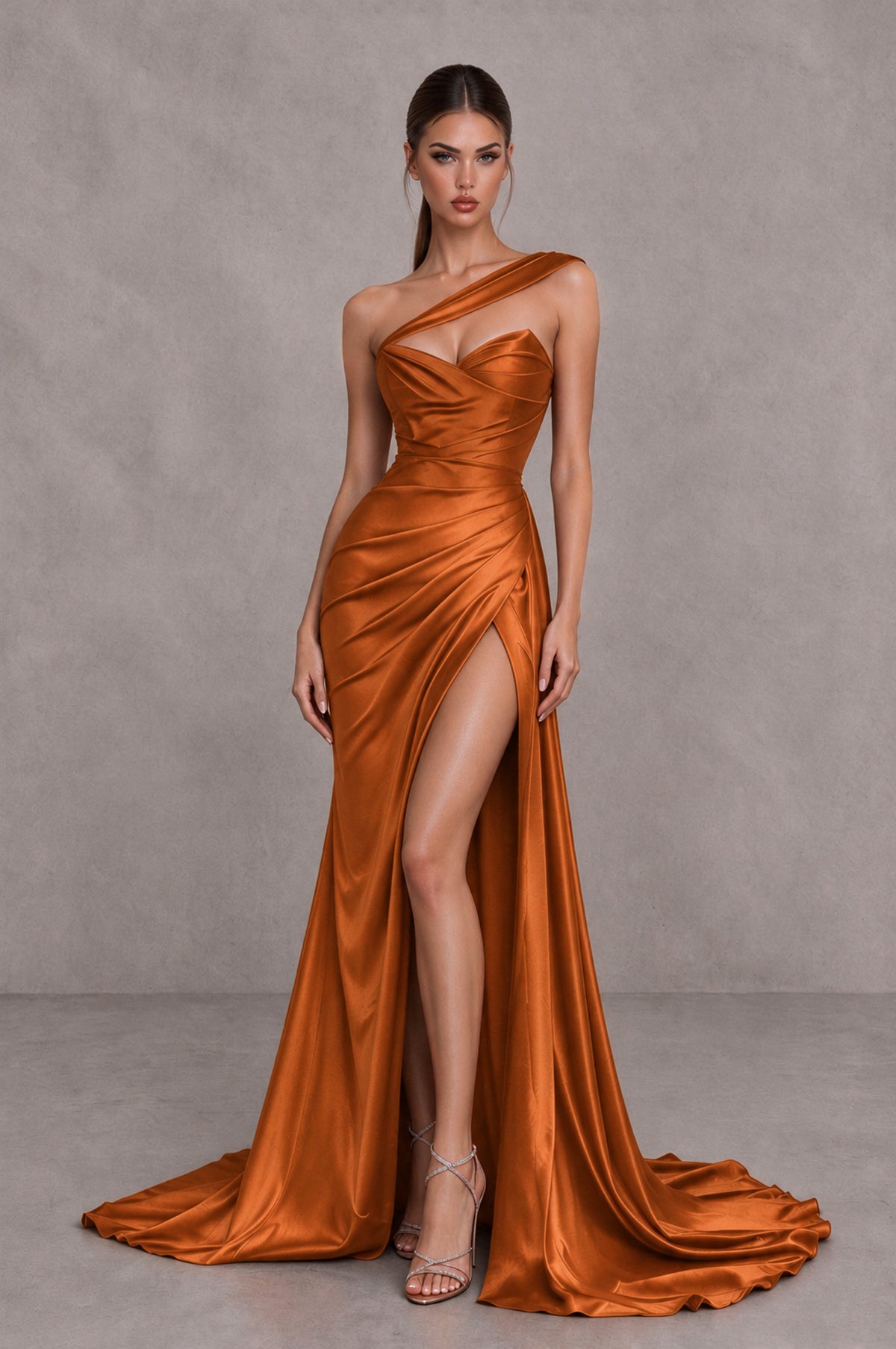 BOLODOO Burnt Orange One Shoulder Satin Mermaid Evening Dress with Ruched Slit Skirt - Burnt Orange - Burnt Orange_4