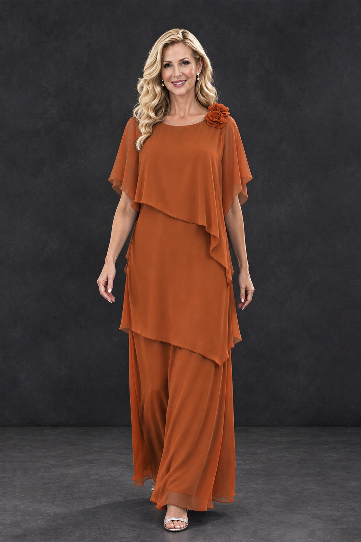BOLODOO Burnt Orange Tiered Flutter Sleeve Mother of the Bride Maxi Dress - Burnt Orange - Burnt Orange_4