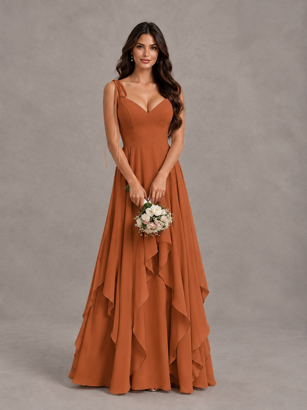 BOLODOO Burnt Orange Tie-Strap Ruffle A-Line Bridesmaid Dress - Burnt Orange - Burnt Orange_4