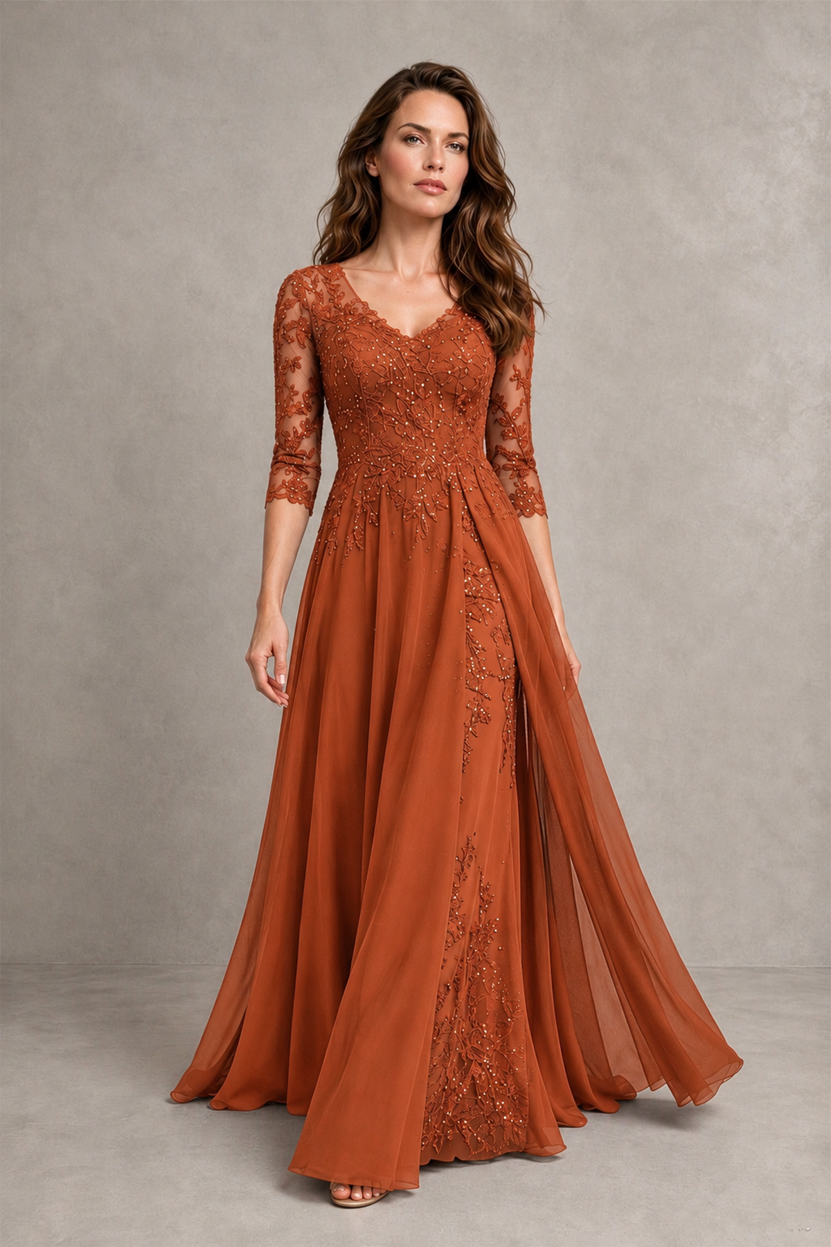 BOLODOO Midnight Burnt Orange Beaded Lace Appliqué Chiffon A-Line Gown | Mother of the Bride & Formal Evening Dress - Burnt Orange - Burnt Orange_4