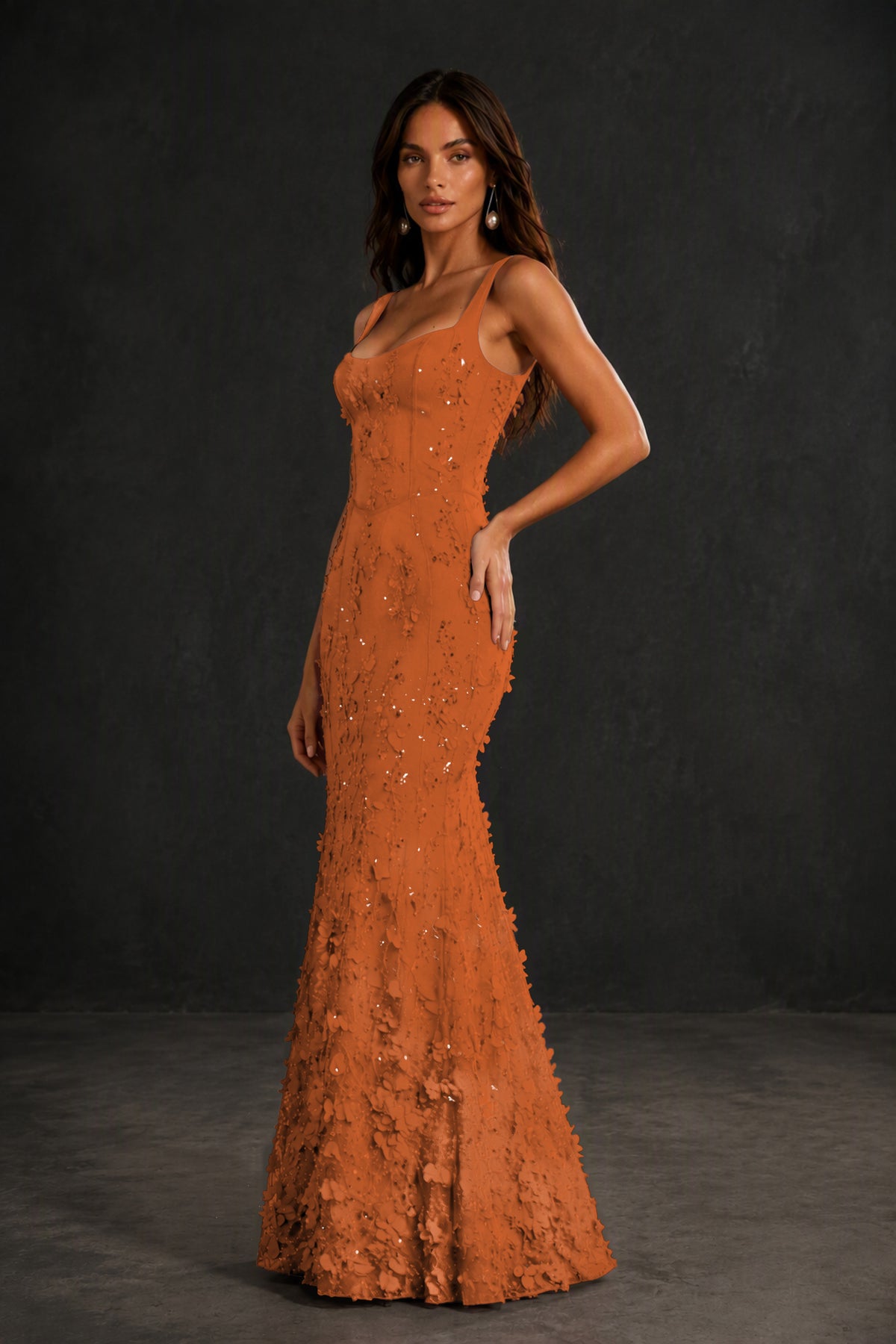 BOLODOO Burnt Orange Sequin 3D Floral Mermaid Maxi Gown – Lace-Up Back Formal Dress - Burnt Orange