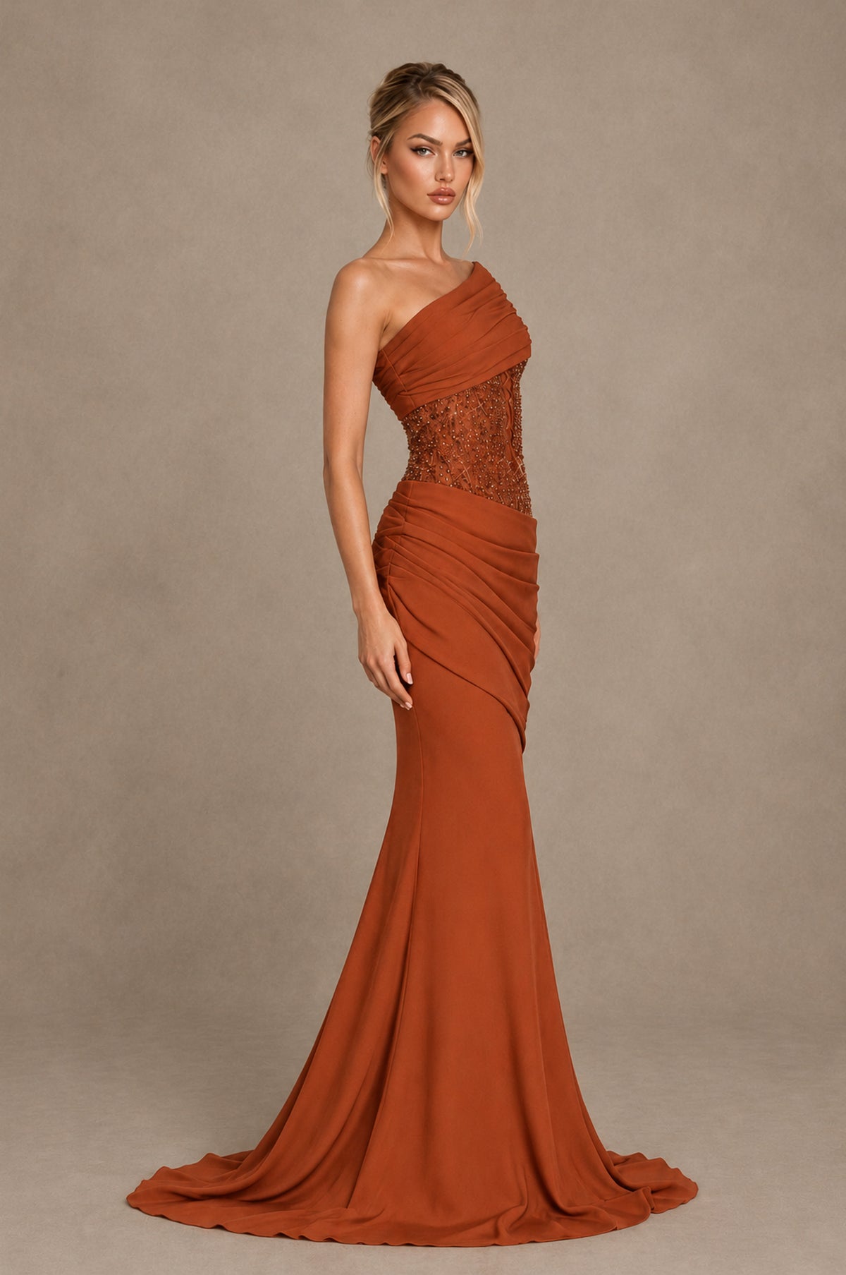 BOLODOO Burnt Orange One-Shoulder Sequin Embroidered Ruched Mermaid Gown with Train - Burnt Orange - Burnt Orange_4