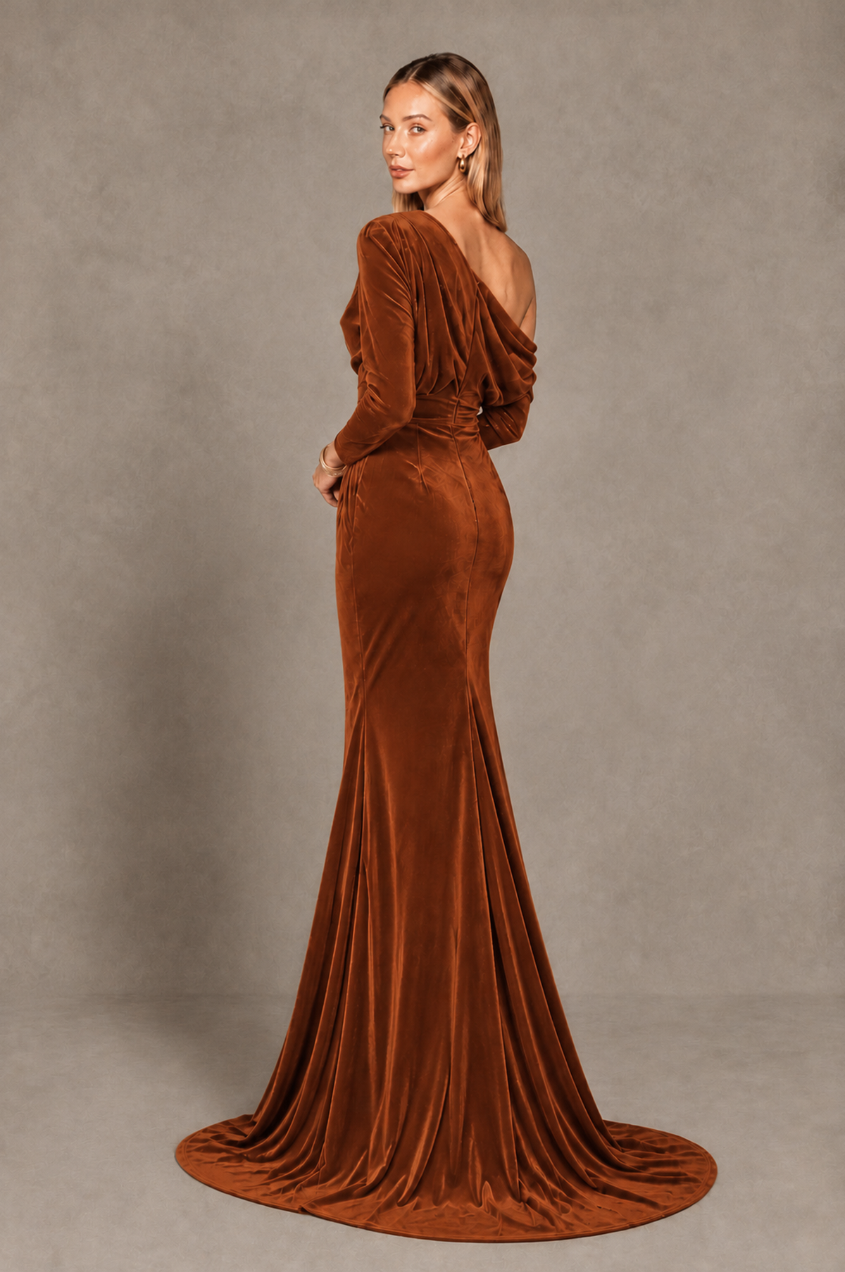 BOLODOO Burnt Orange Velvet Asymmetric Neck Mermaid Evening Dress - Burnt Orange - Burnt_Orange_4
