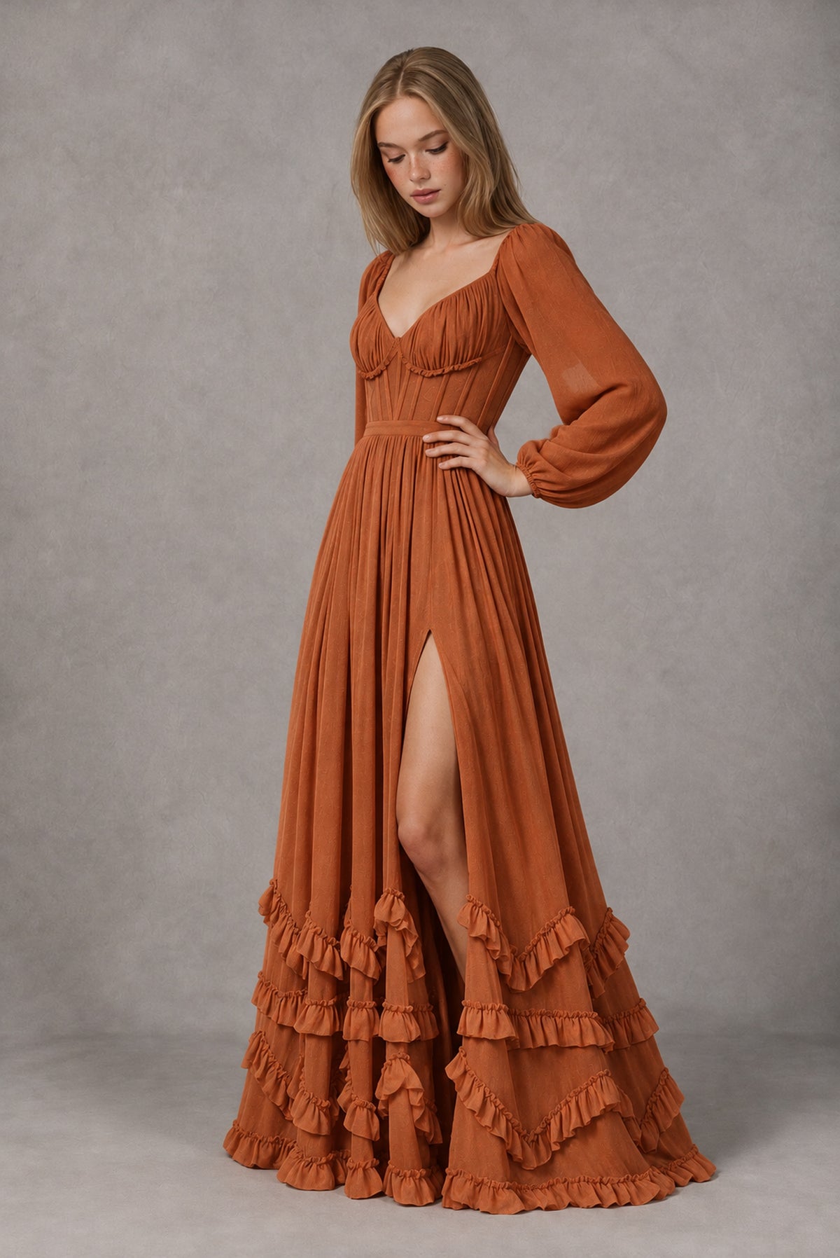 Burnt Orange Long-Sleeve Ruffle Maxi Dress with Lace-Up Back and Slit - Burnt Orange