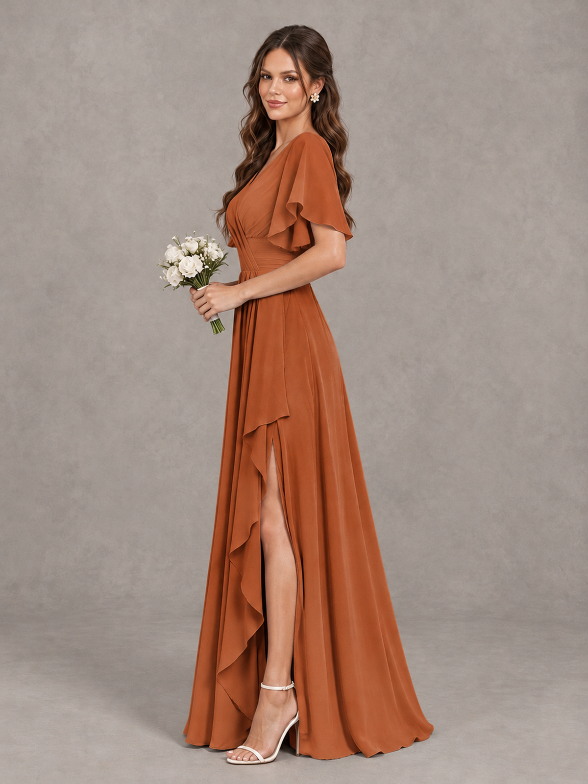 BOLODOO Burnt Orange Flutter Sleeve V-Neck Bridesmaid Dress with Ruffle Slit - Burnt Orange - Burnt Orange_4