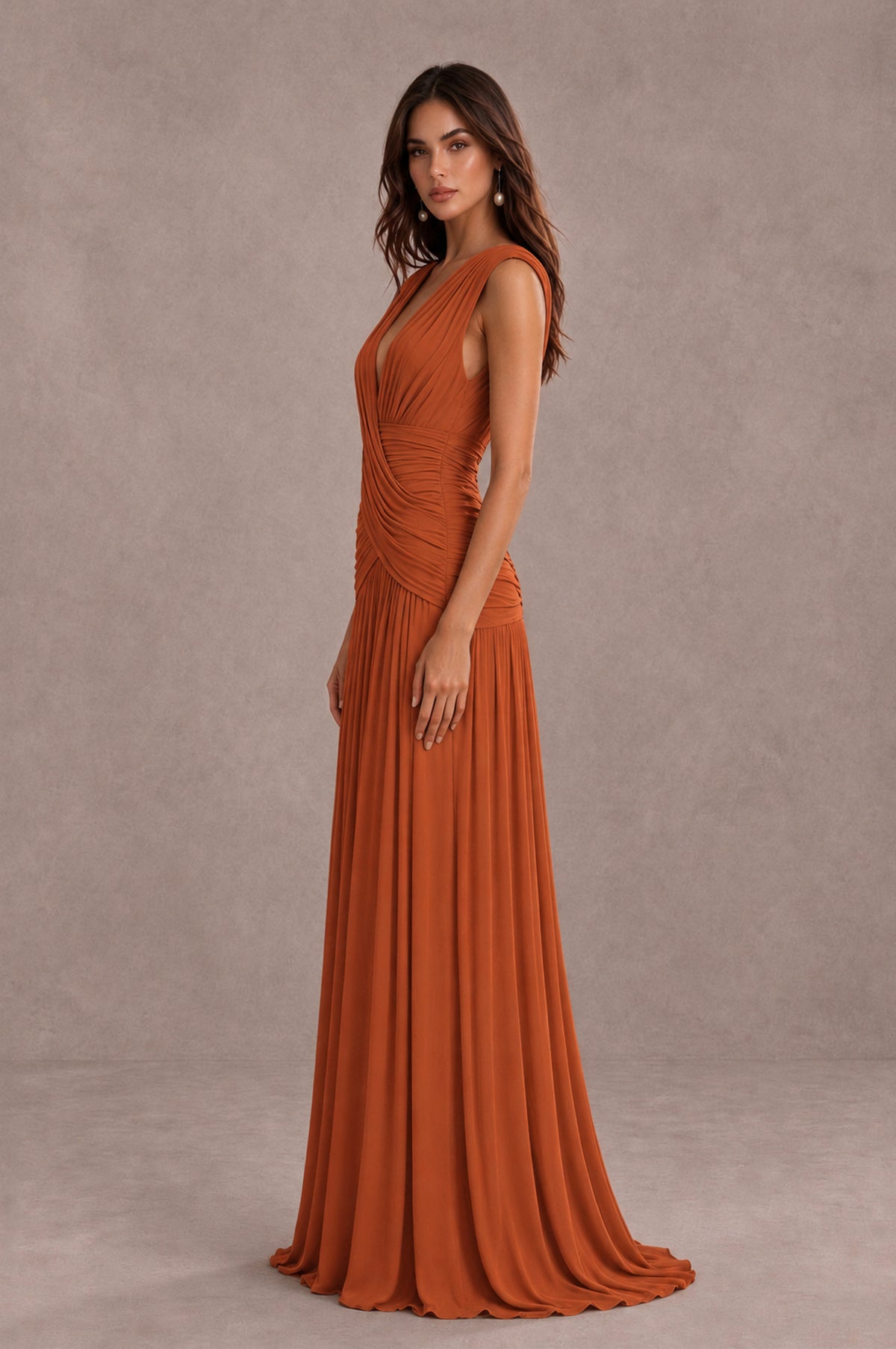 BOLODOO Burnt Orange V-Neck Ruched Wedding Guest Dress - Burnt Orange - Burnt Orange_4