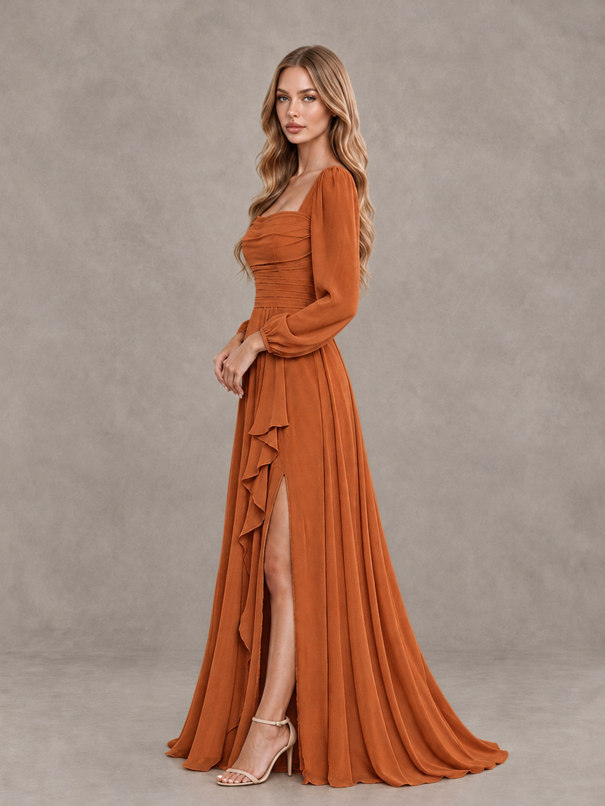 BOLODOO Burnt Orange Square Neck Long Sleeve Bridesmaid Dress with Ruffle Slit - Burnt Orange - Burnt Orange_4