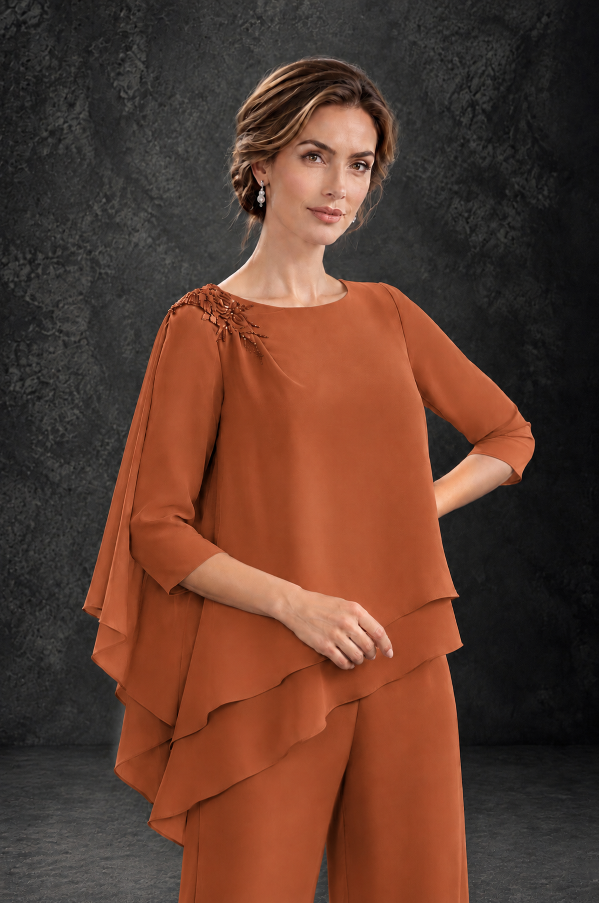 BOLODOO Burnt Orange Layered Wide-Leg Mother of the Bride Pant Suit - Burnt Orange - Burnt Orange_4