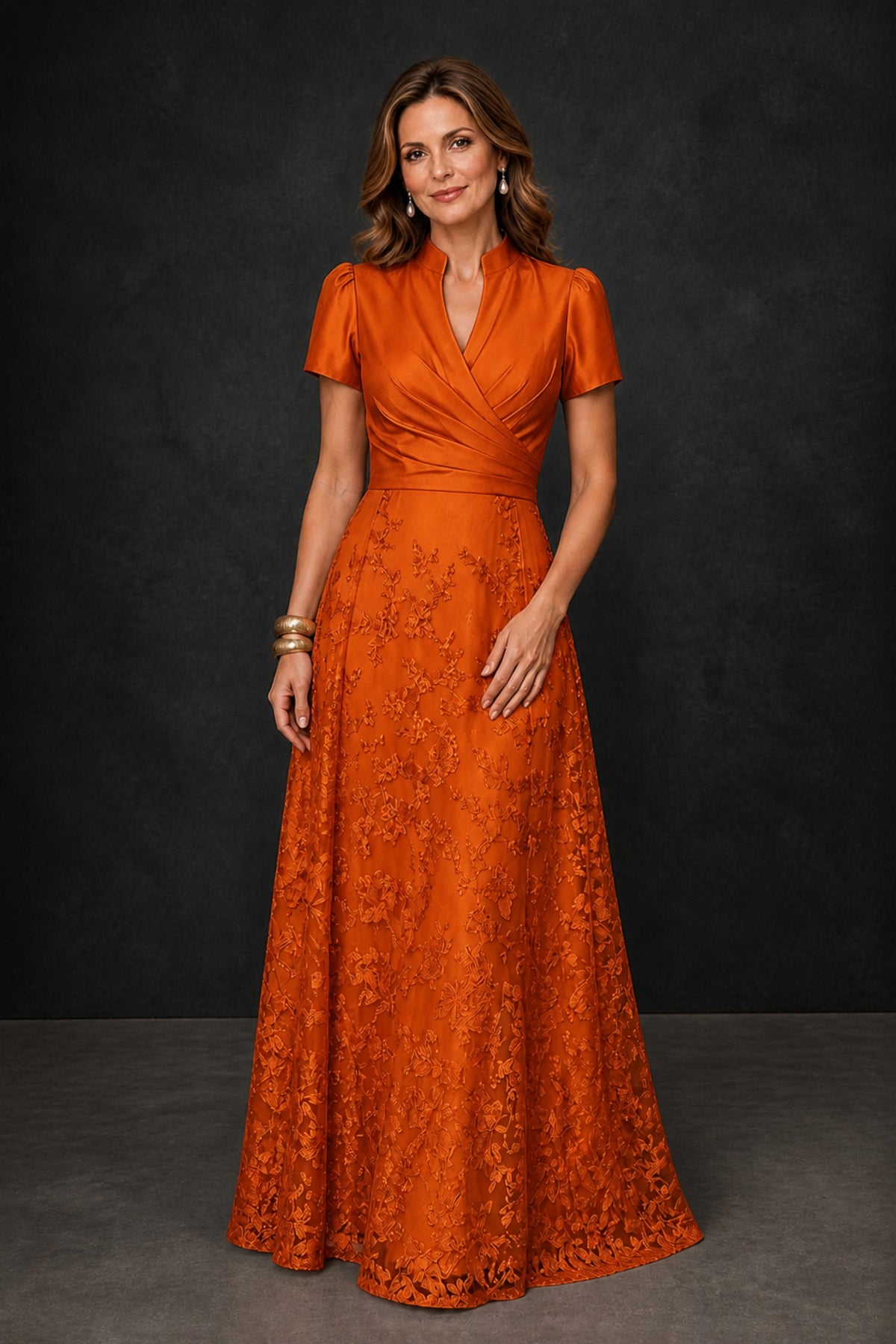 BOLODOO Burnt Orange Satin Wrap V-Neck Short Sleeve Lace Glitter A-Line Floor Length Evening Gown – Formal Dress - Burnt Orange