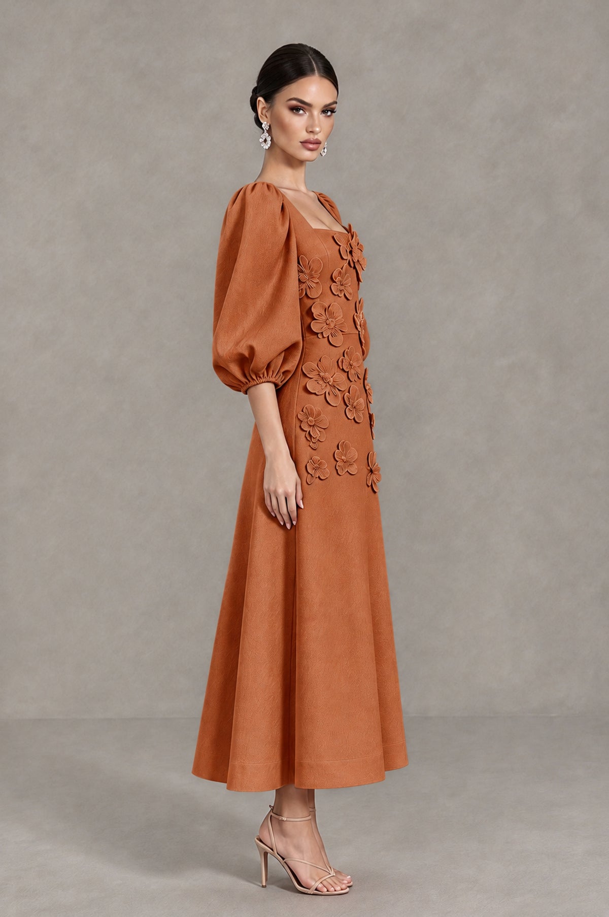 BOLODOO Burnt Orange 3D Floral Puff Sleeve Midi Cocktail Dress - Burnt Orange - Burnt Orange_4