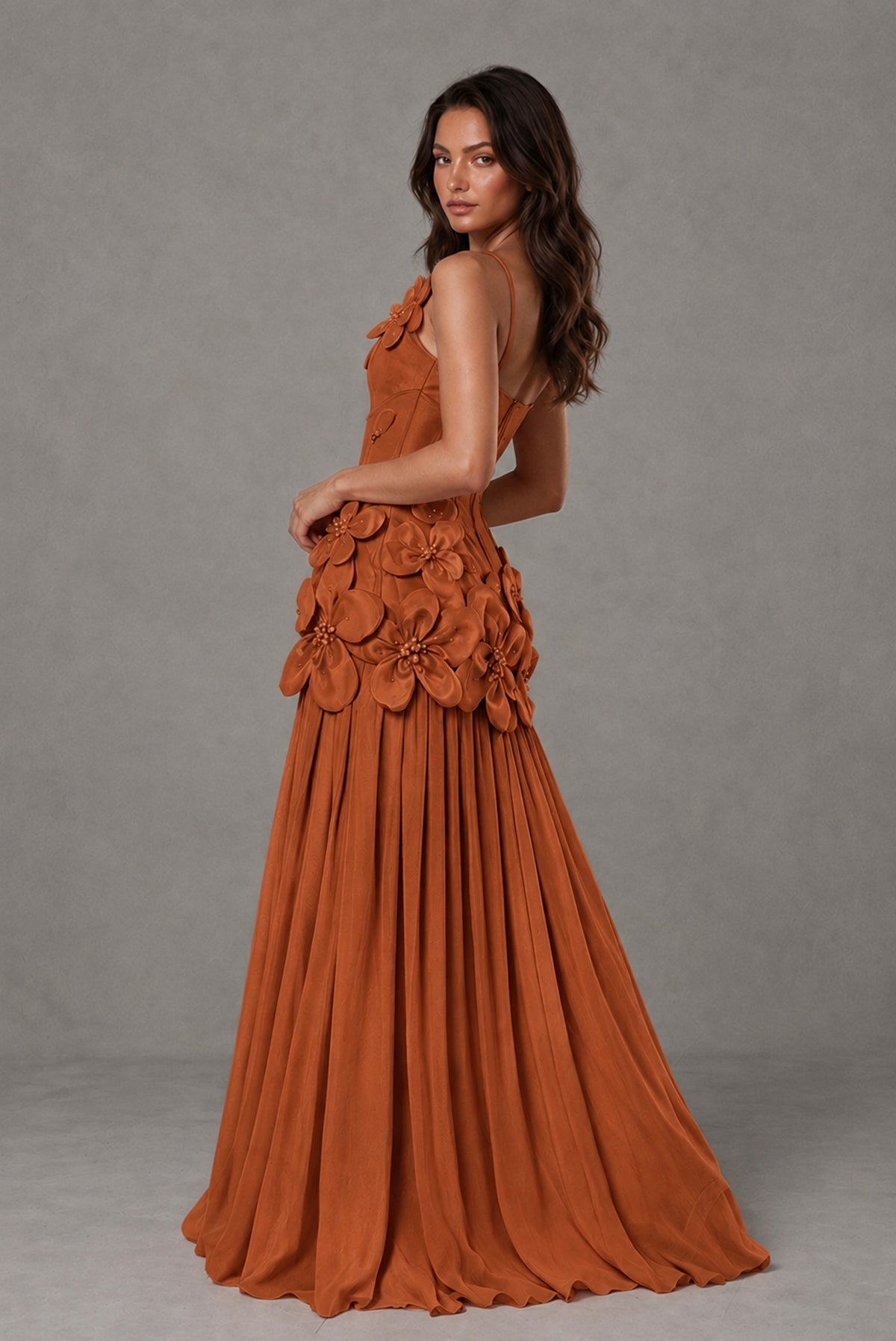 BOLODOO Burnt Orange 3D Floral Appliqué Floor-Length A-Line Evening Gown - Burnt Orange