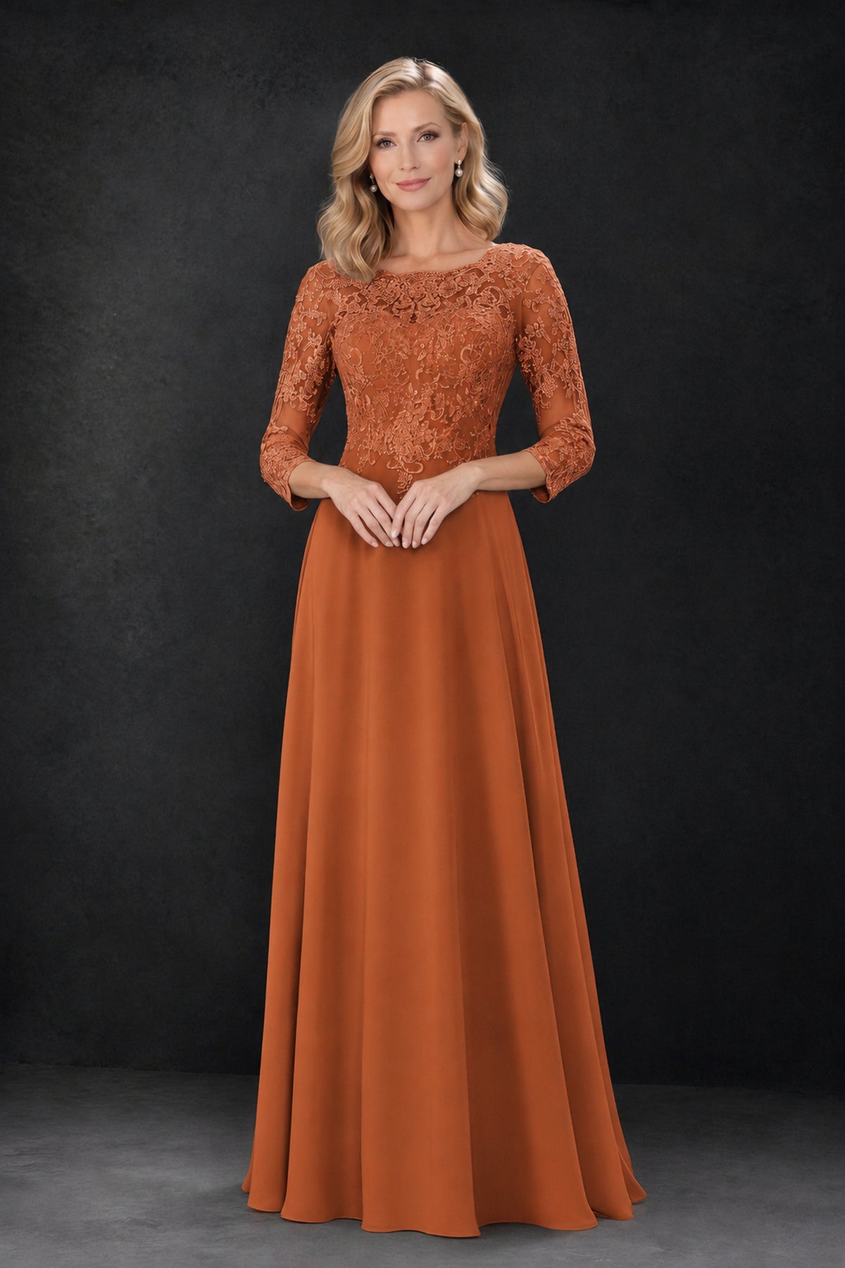BOLODOO Burnt Orange Lace Embroidered Mother of the Bride Dress with 3/4 Sleeves - Burnt Orange