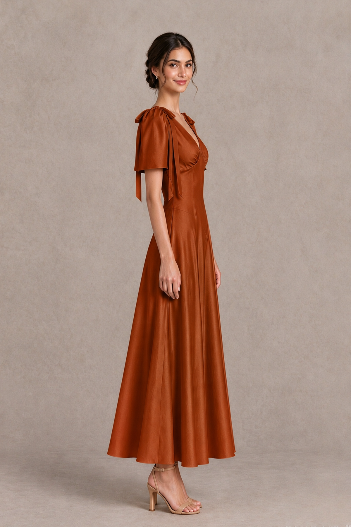 BOLODOO Burnt Orange V-Neck Short Sleeve Satin-Look Bridesmaid Dress with Shoulder Bows - Burnt Orange - Burnt Orange_4