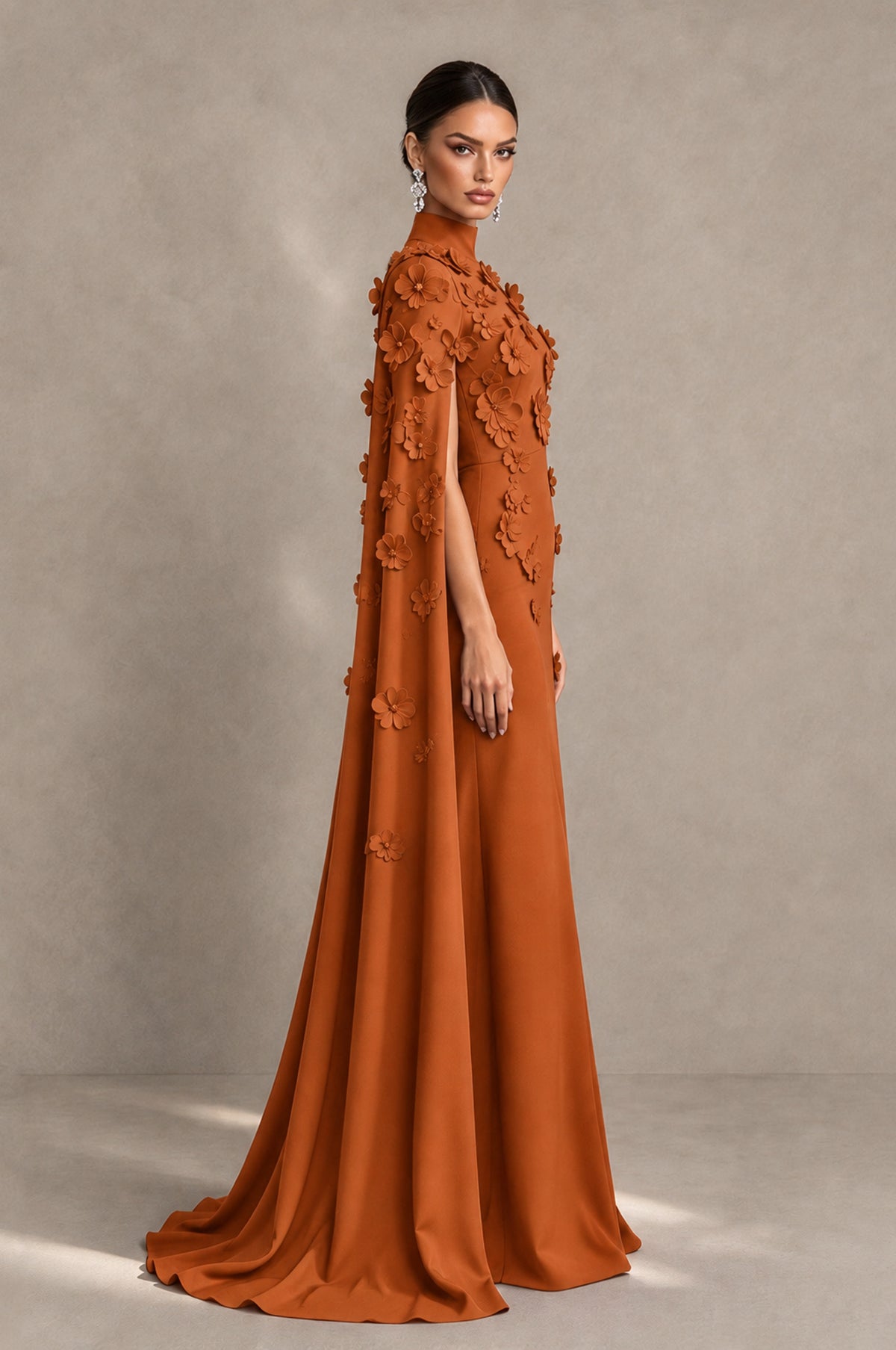 BOLODOO Burnt Orange 3D Floral Applique Cape Formal Dress - Burnt Orange - Burnt Orange_4
