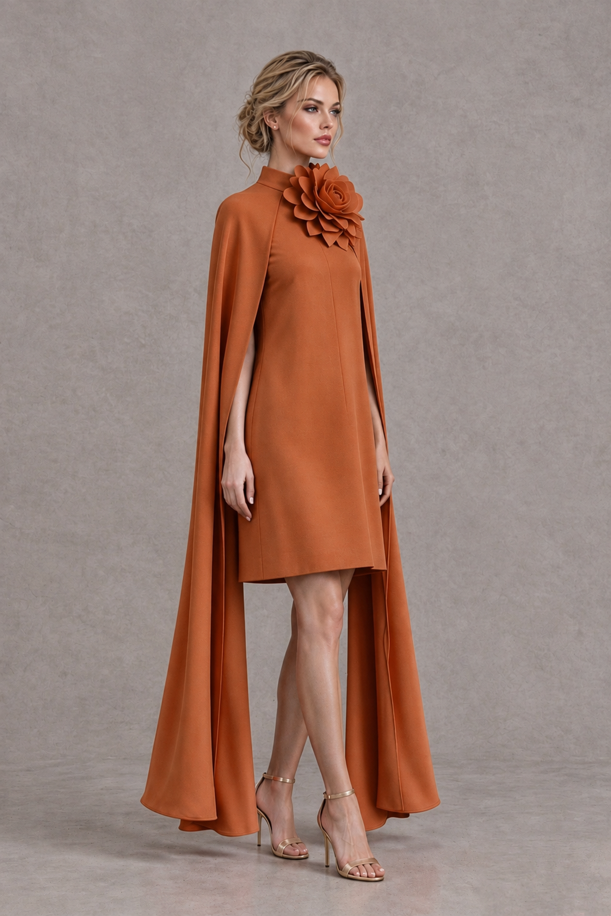 BOLODOO Burnt Orange High Neck Floral Cape Mini Cocktail Dress - Burnt Orange - Burnt Orange_4