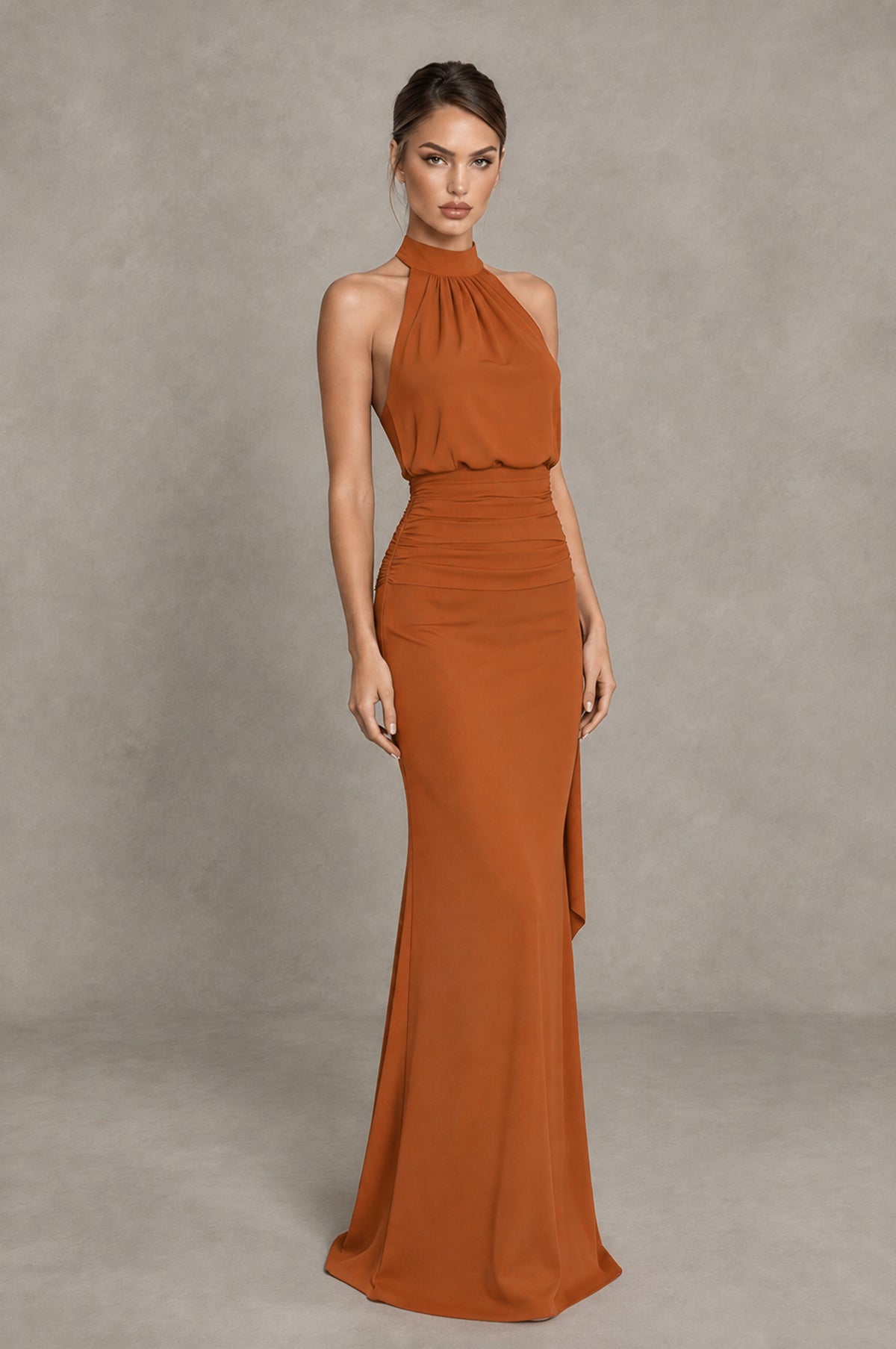 BOLODOO Burnt Orange Chiffon Halter Maxi Formal Wedding Guest Dress - Burnt Orange - Burnt Orange_4