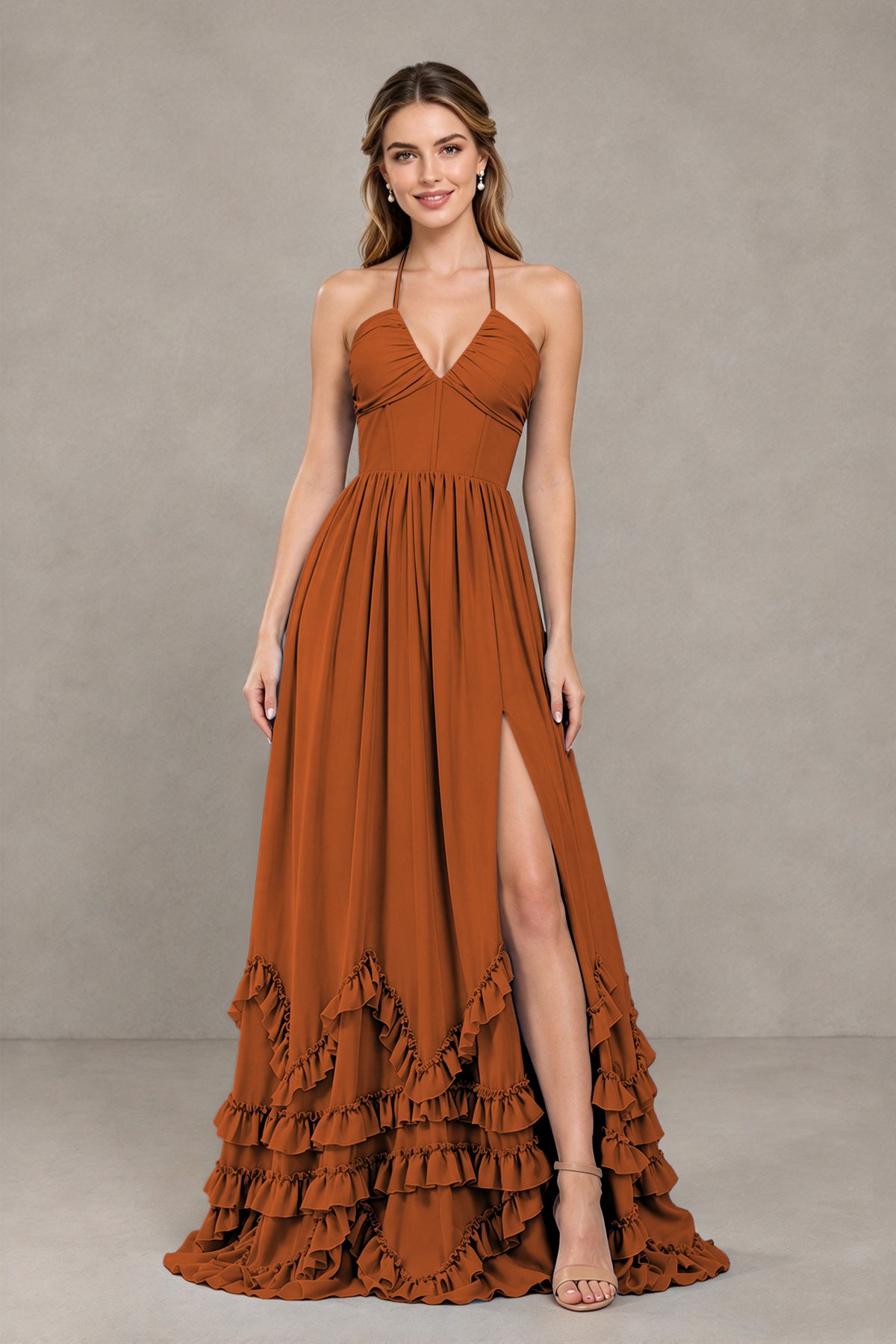 BOLODOO Burnt Orange Halter Ruffle Hem A-Line Bridesmaid Dress with High Slit - Burnt Orange - Burnt Orange(4)