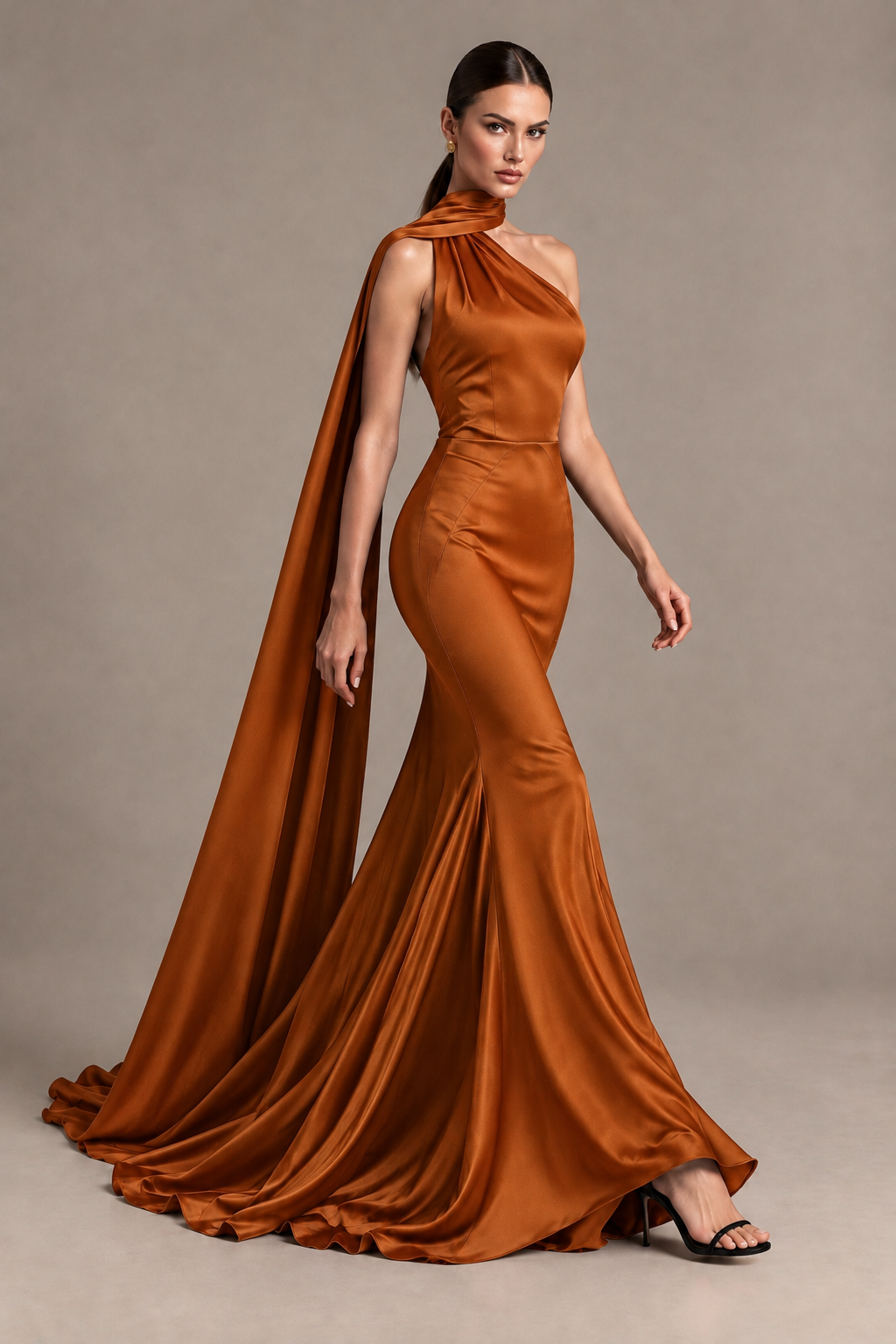 BOLODOO Burnt Orange One-Shoulder Satin Mermaid Evening Dress with Scarf - Burnt Orange - Burnt Orange_4