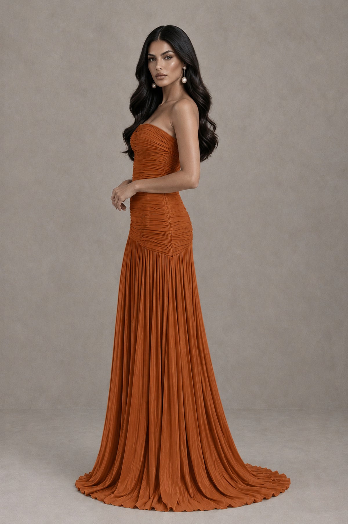 BOLODOO Burnt Orange Metallic Ruched Strapless Pleated A-Line Backless Maxi Dress with Train - Burnt Orange - Burnt Orange_4