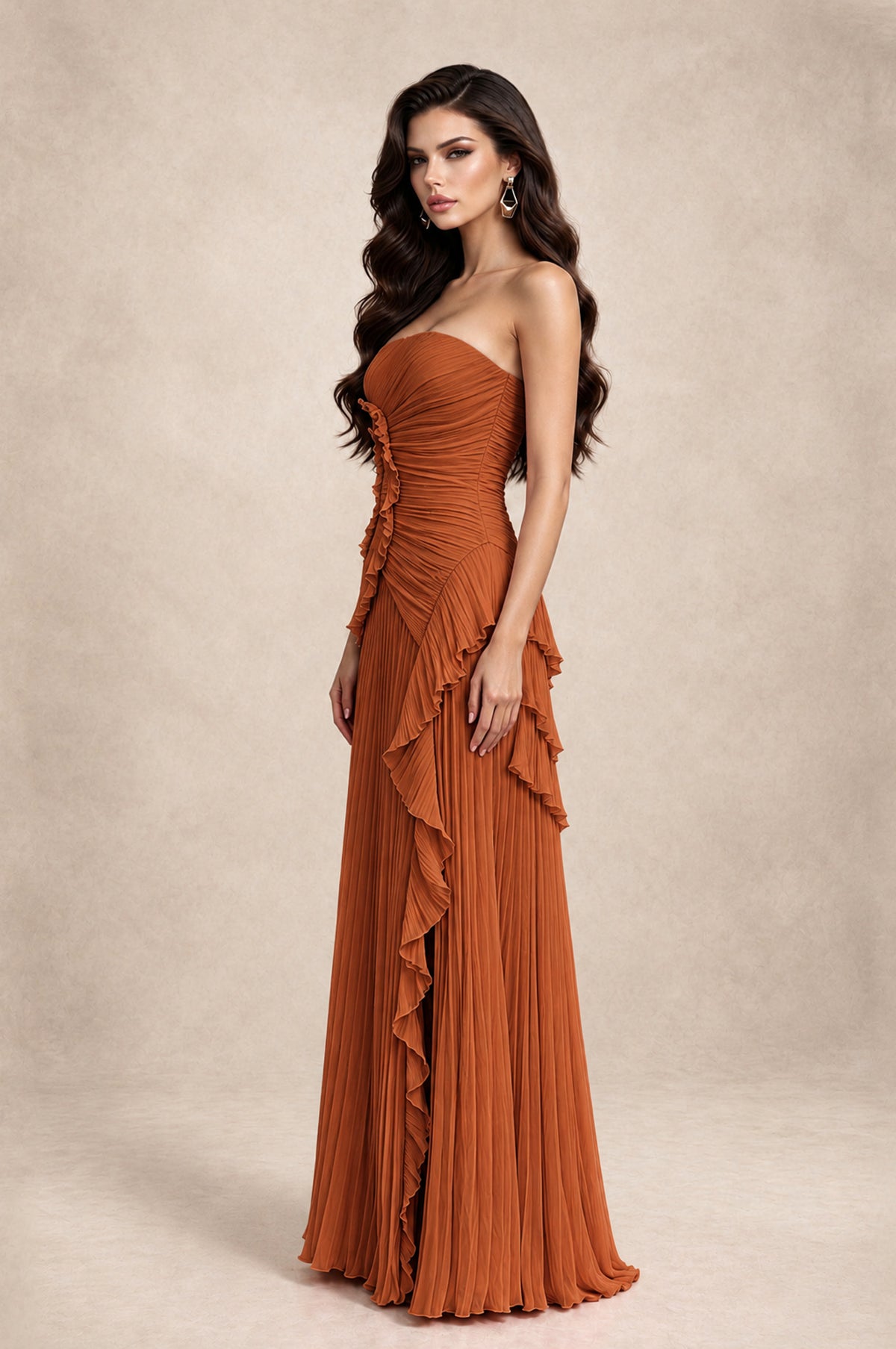 BOLODOO Burnt Orange Strapless Ruffle Pleated Slit Evening Gown - Burnt Orange - Burnt Orange_4