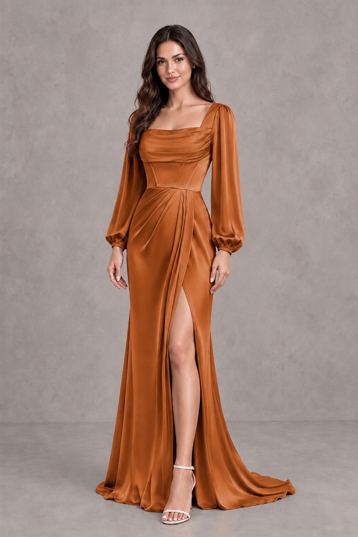 BOLODOO Burnt Orange Satin-Look Long Sleeve Evening Dress with High Slit - Burnt Orange - Burnt Orange_4