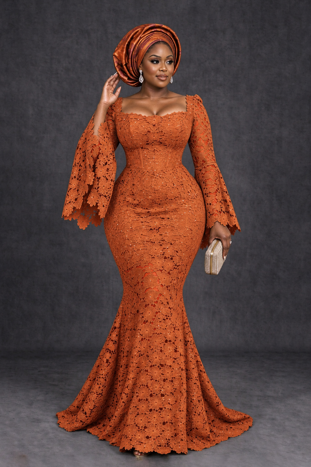 BOLODOO Burnt Orange African Lace Mermaid Dress, Plus Size Nigerian Wedding Guest Gown with Bell Sleeves - Burnt Orange - Burnt Orange_4