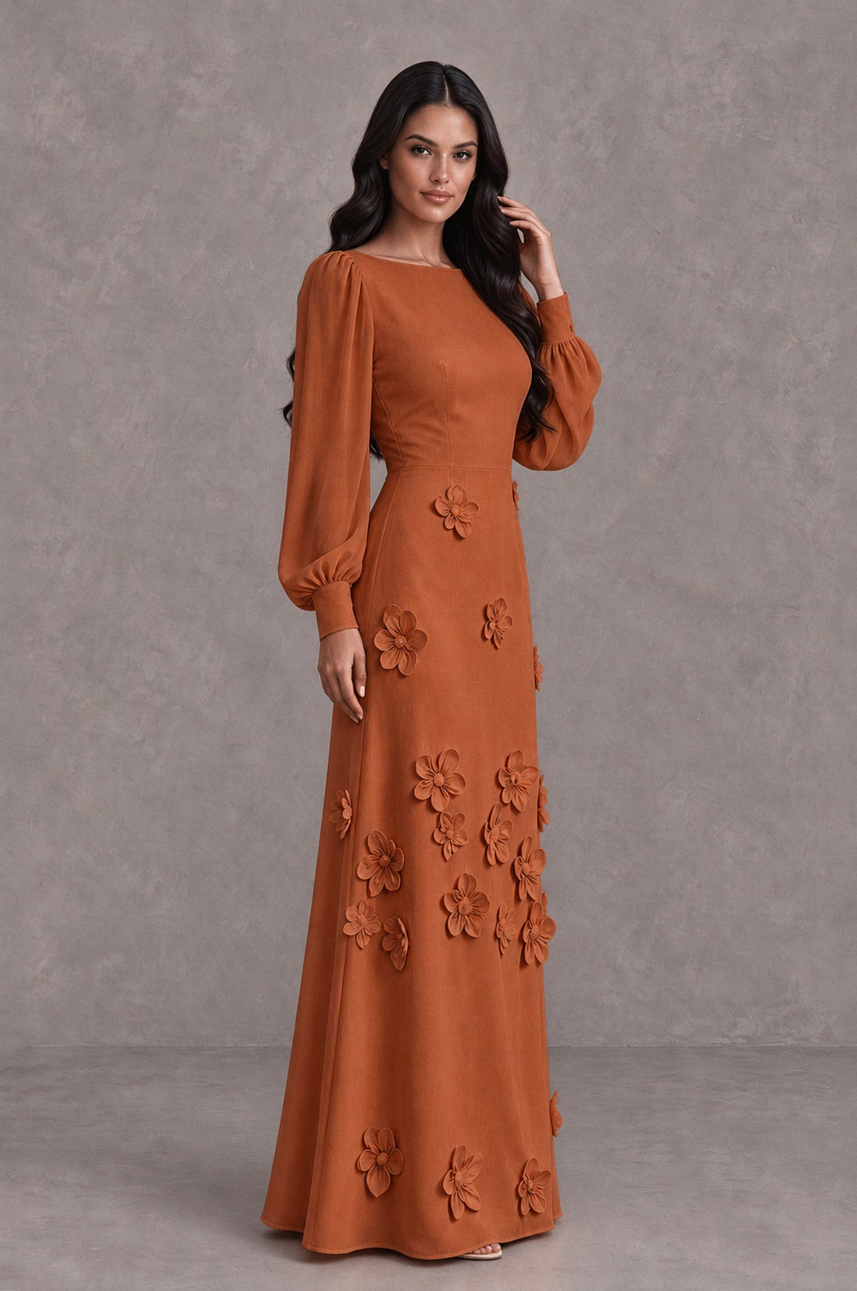 BOLODOO Burnt Orange Long Sleeve Floral Applique A-Line Evening Dress - Burnt Orange - Burnt Orange_4