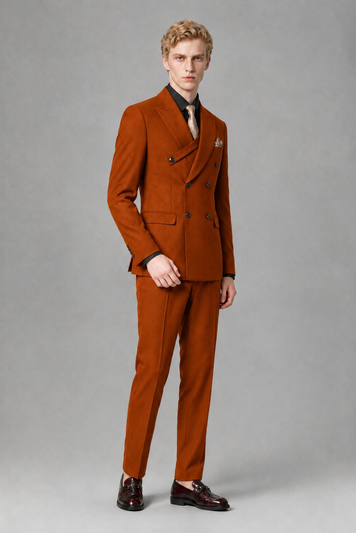 BOLODOO Men's Burnt Orange Double-Breasted Two-Piece Suit – Jacket & Trousers - Burnt Orange