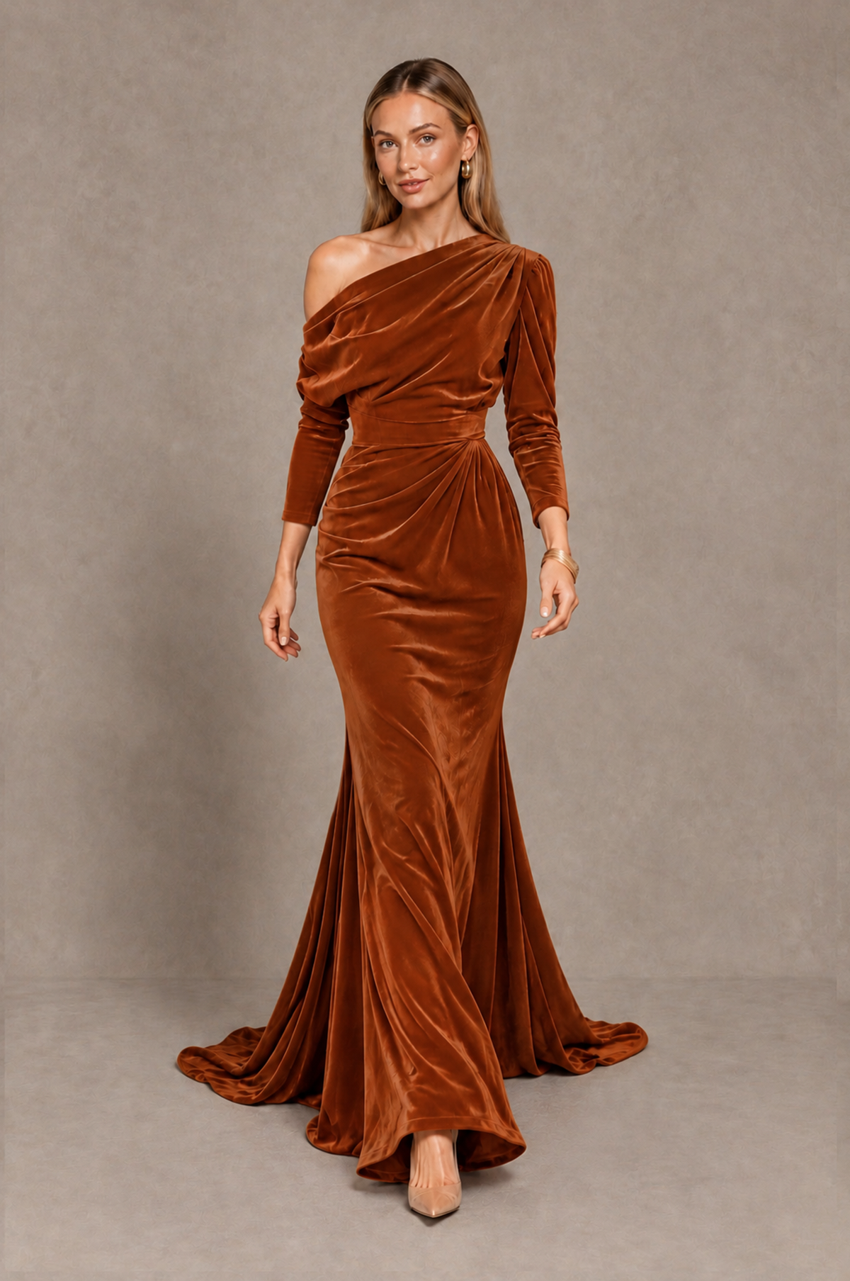 BOLODOO Burnt Orange Velvet Asymmetric Neck Mermaid Evening Dress - Burnt Orange - Burnt_Orange_5