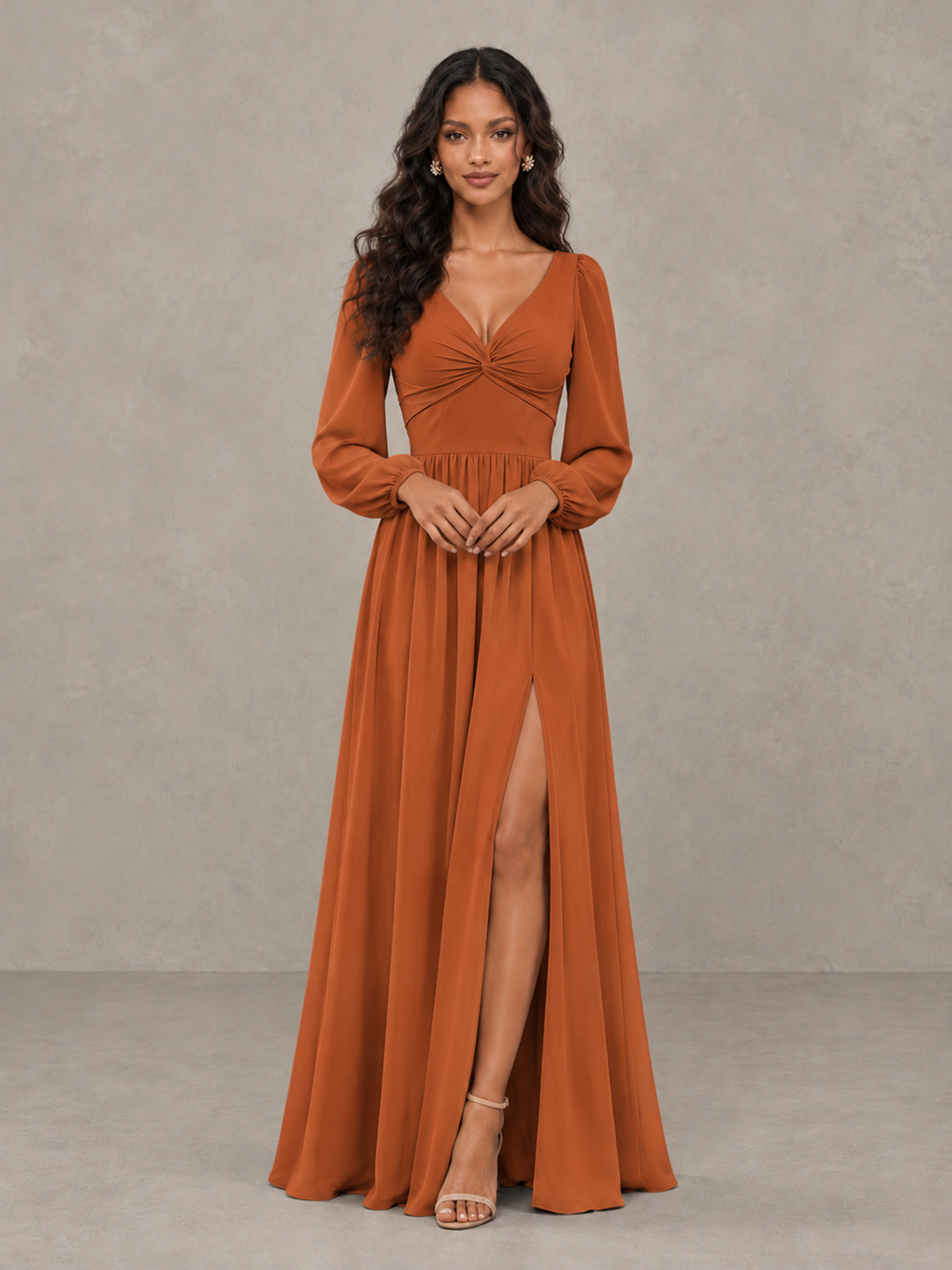 BOLODOO Burnt Orange V-Neck Long Sleeve Bridesmaid Dress with Tie Back and Slit - Burnt Orange - Burnt Orange_5