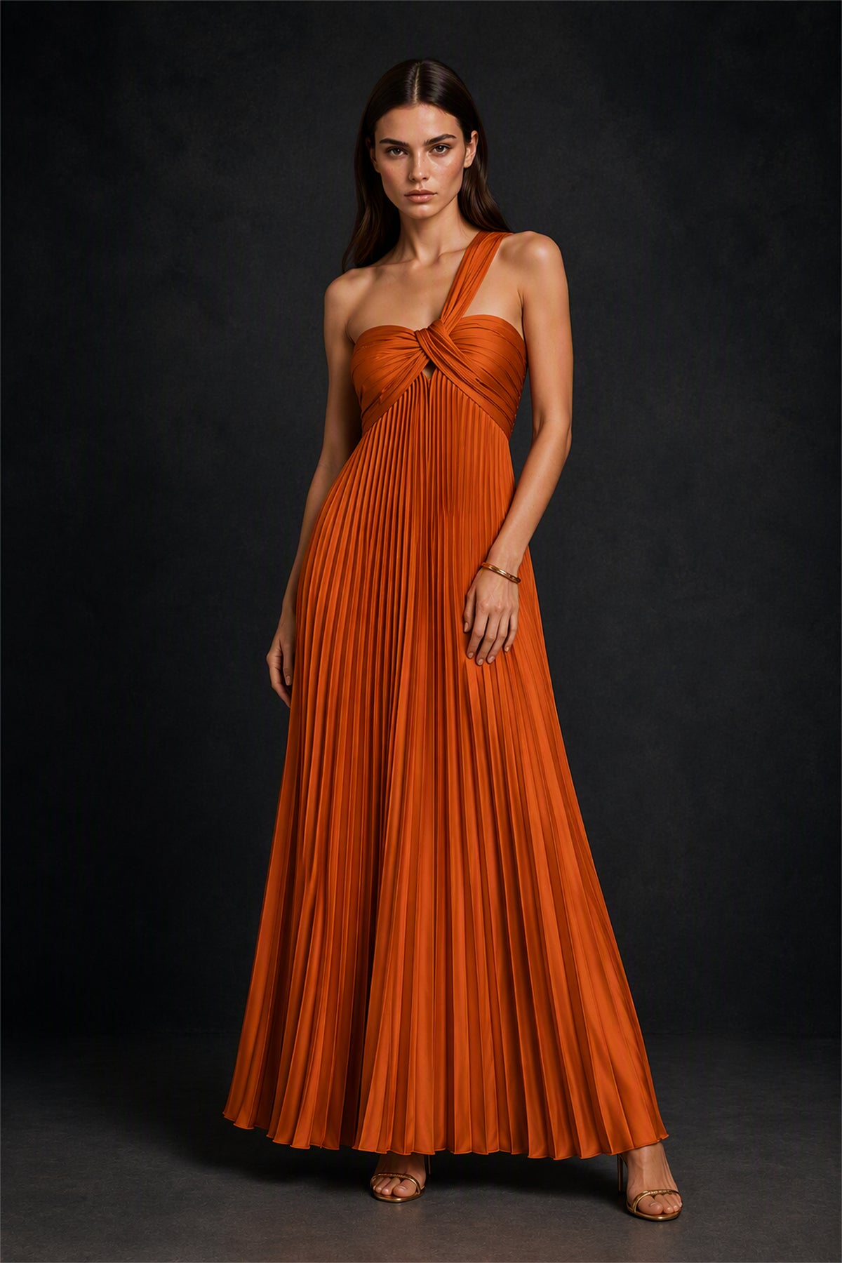 BOLODOO Burnt Orange One-Shoulder Twist Knot Pleated Satin Midi Dress with Cutout - Burnt Orange