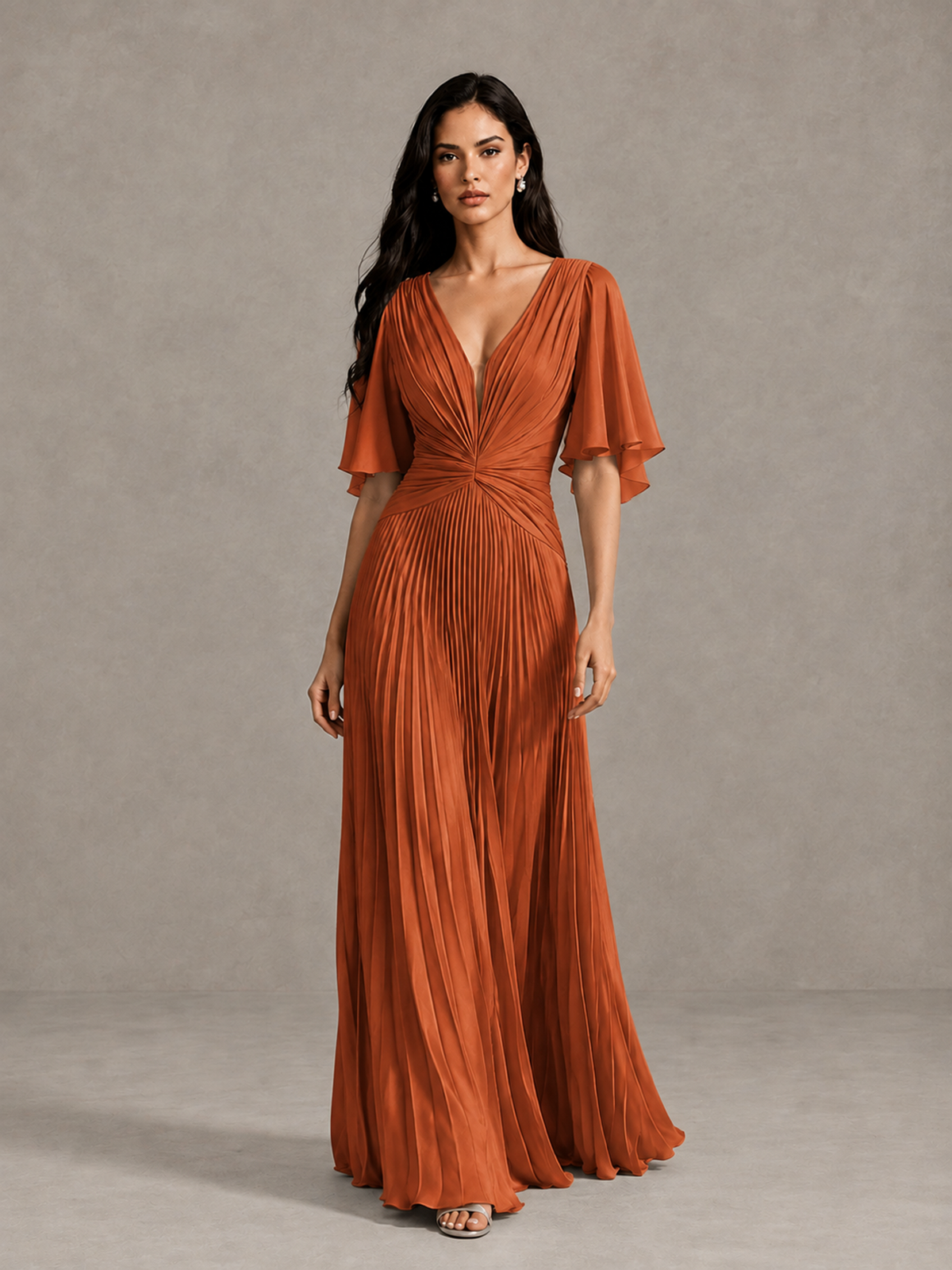 BOLODOO Burnt Orange Pleated V-Neck Flutter Sleeve Bridesmaid Dress - Burnt Orange - Burnt Orange (1)